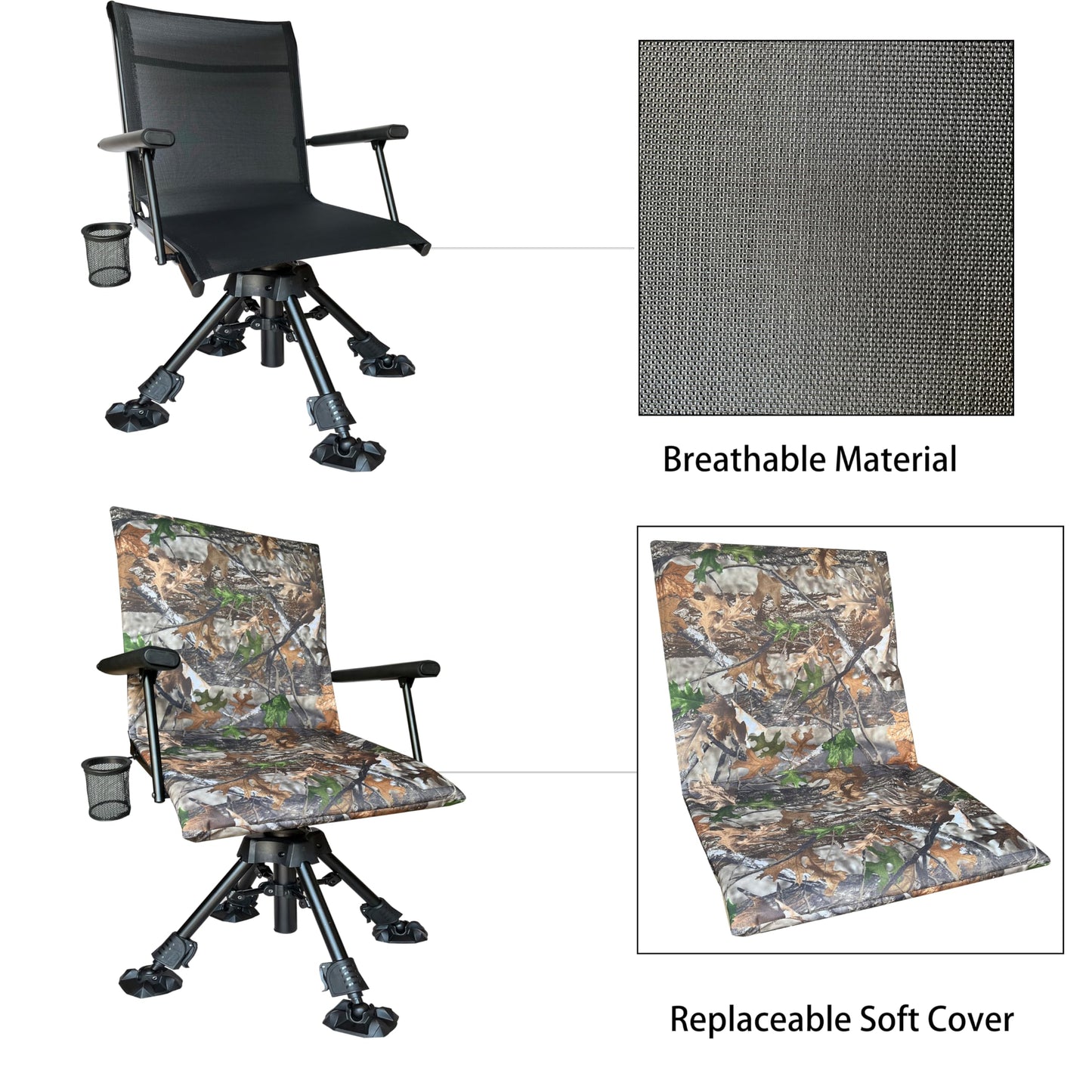 CROSS MARS Silent Swivel Stable Portable Ground Folding Outdoor Camping Fishing Hunting Blind Chair Seat with Cover, 4 Legs Adjustable Height (Camo)