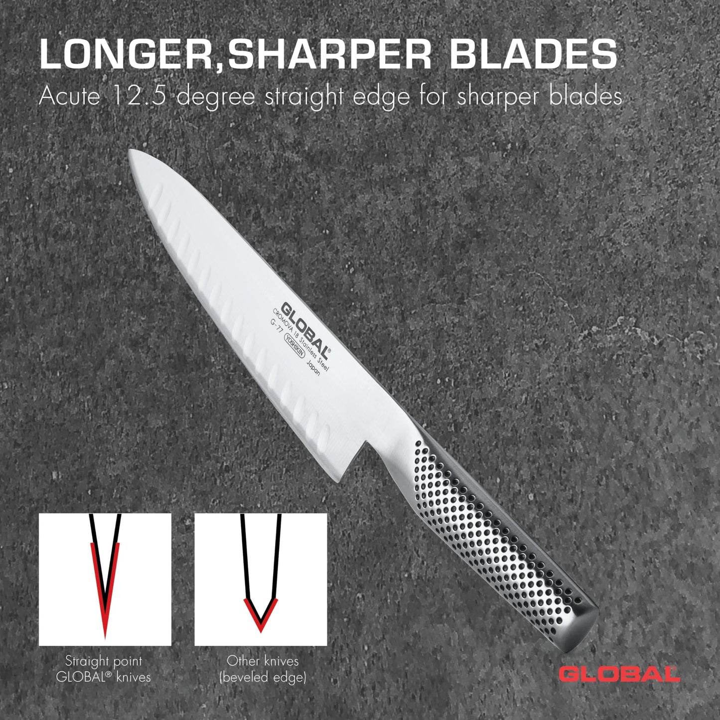 Global 8 inch Hollow Ground Chef's Knife - Lightweight Japanese Stainless Steel, Razor-Sharp Edge, Made in Japan, G-77