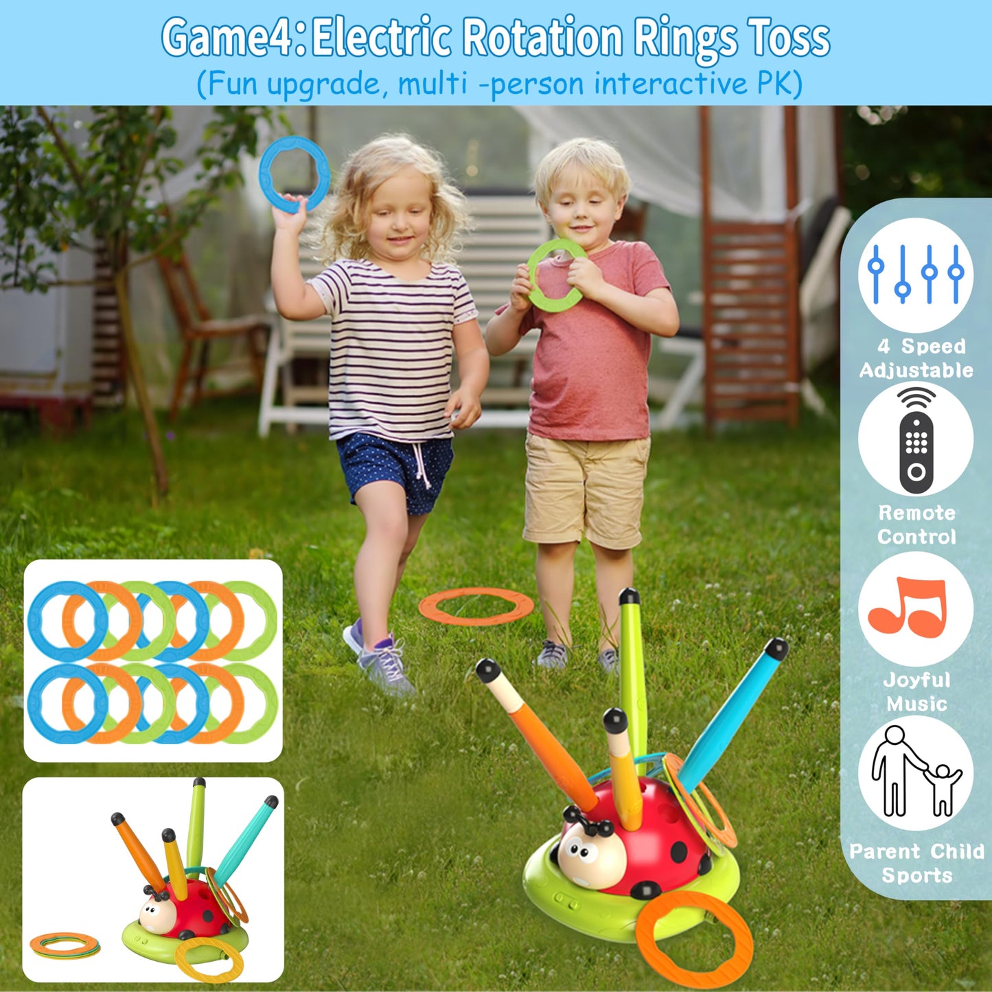 4 in 1 Musical Jump, Toss Ring Game, Baseball Toys and Stomping Launch Rocket Launcher for Kids Toys & Games with Remote, Indoor Outdoor Toys for Kids Ages 4-8 3-5 Baseball Party Favors Birthday Gift
