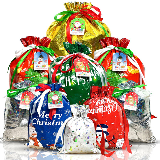 38PC Christmas Drawstring Gift Bags with Tags, Assorted Sizes for Xmas Party Favors & Holiday Present Wrapping, Small/Medium/Large