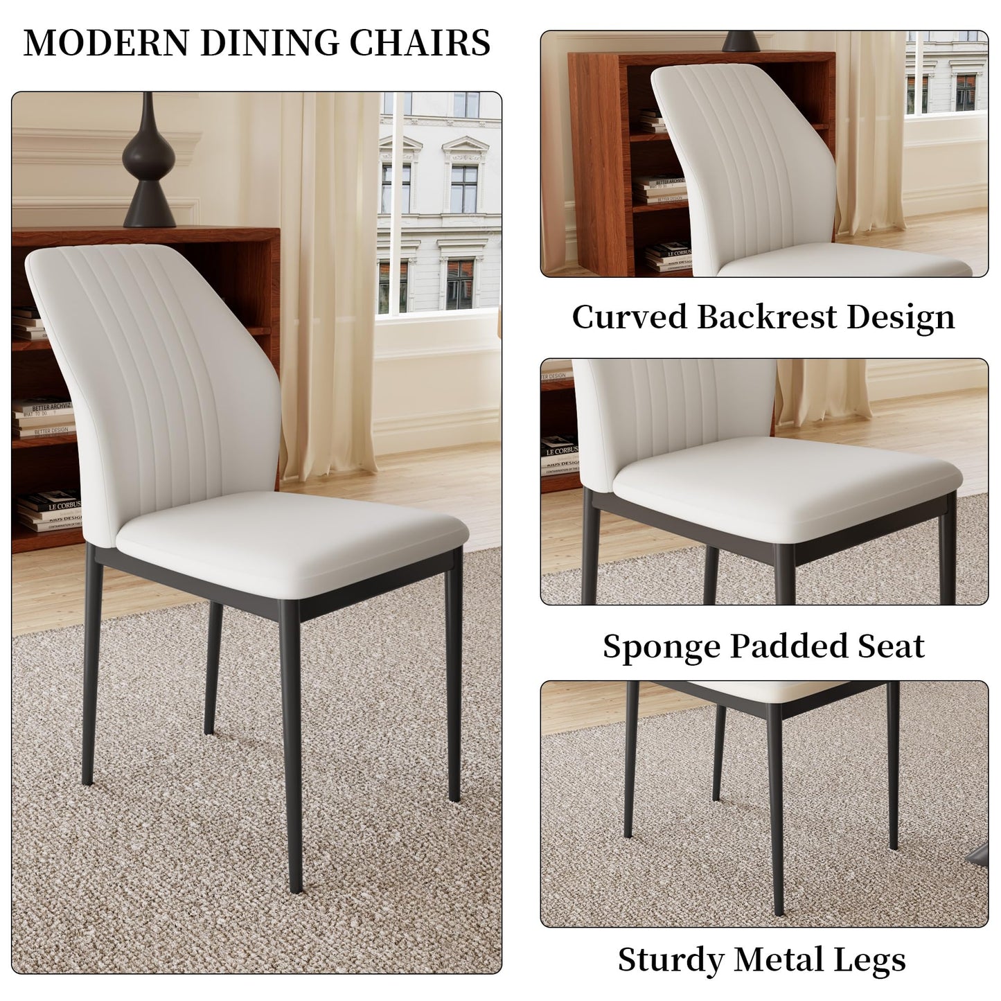 HIPIHOM Extendable Dining Table Set for 6-8 People, 63 to 78.7 Inch MDF Kitchen Table with 6 Upholstered Chairs, Space-Saving for Dining Room, Breakfast Nook(White Table & 6 White Chairs)