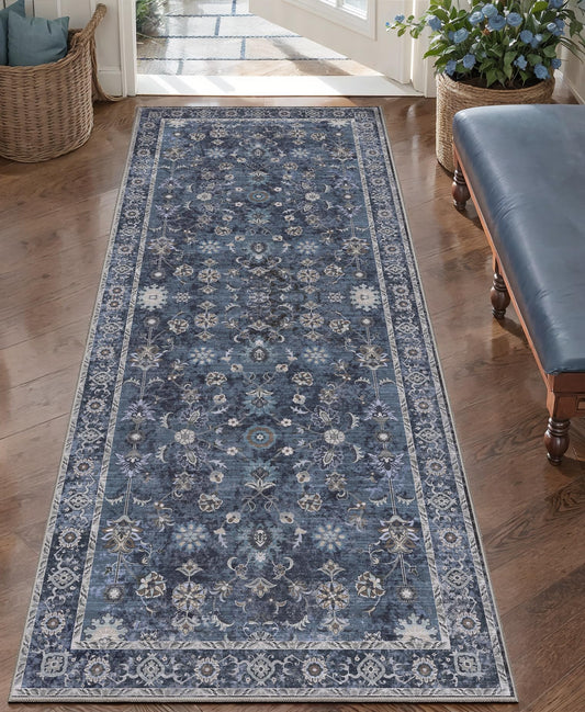 Tangsoo Washable Runner Rug for Hallway Non Slip, 2x5 Blue Floral Vintage Runner Rugs for Entryway, Floor Carpets Soft Low Pile Rug Runners for Kitchen Bathroom Laundry Bedroom Alfombra Boho Farmhouse