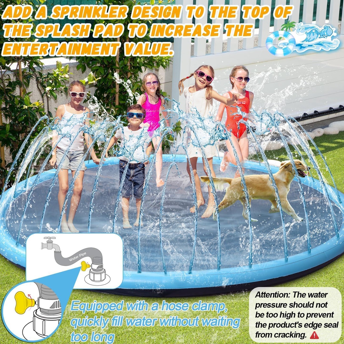 15 ft Giant Inflatable Splash Pad Extra Large 180" 2025 Update Non Slip Pad for Adults Large Dogs Pets Giant Thicken Sprinkler Pool Summer Outdoor Fun Backyard Fountain Play Mat (Classic Style)