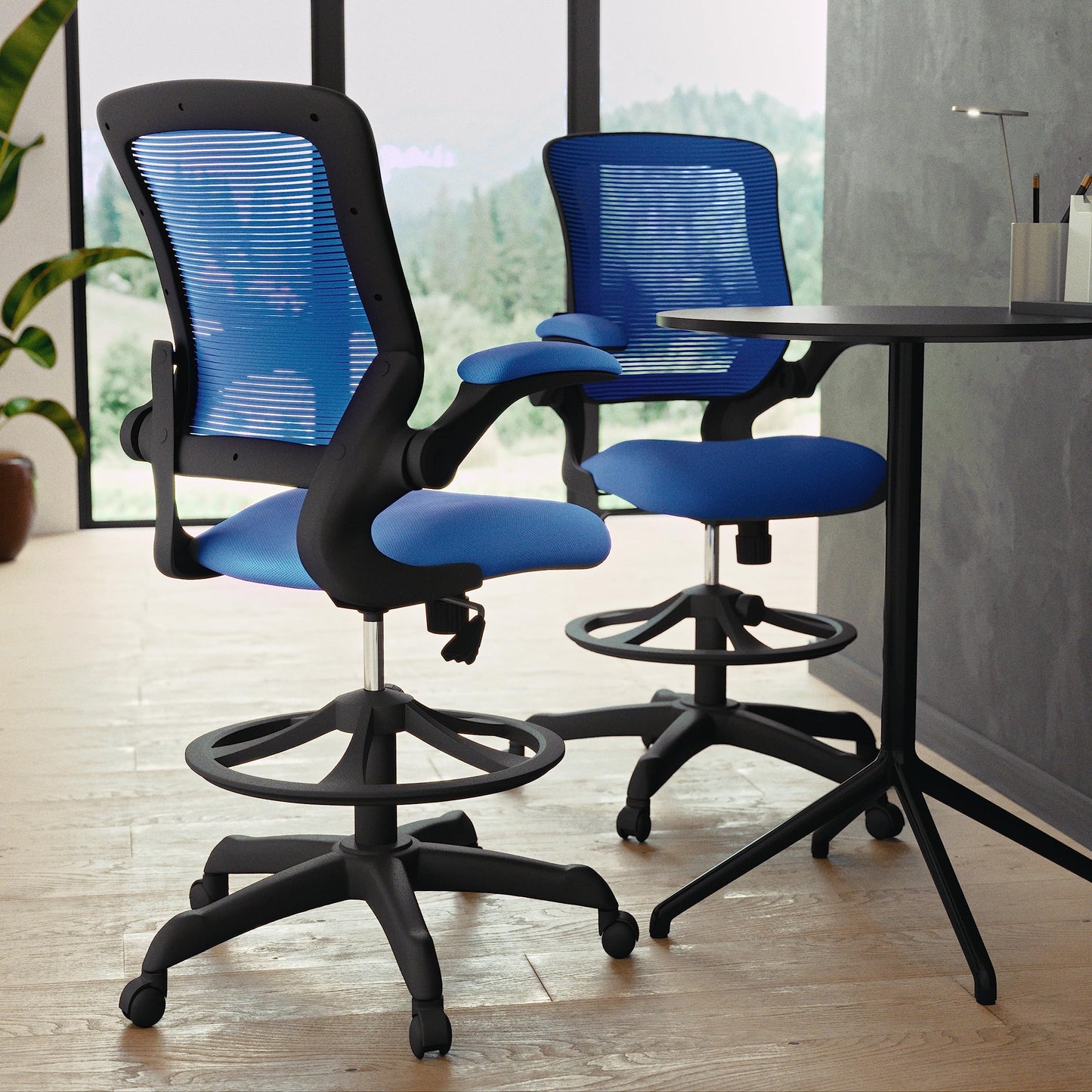 Flash Furniture Kale Mid-Back Blue Mesh Ergonomic Drafting Chair | Adjustable Foot Ring, Flip-Up Arms