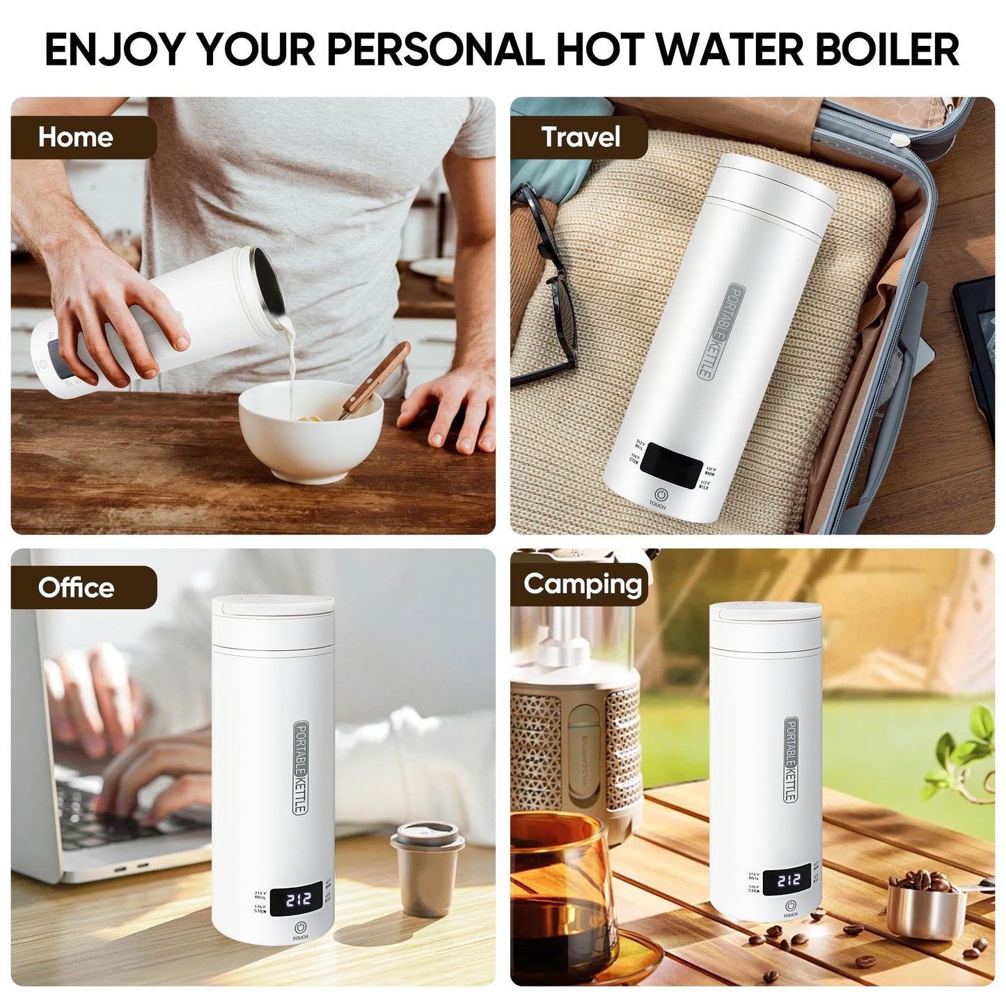 Travel Electric Kettle Portable Smart Hot Water Boiler Tea Coffee Heater 450ML, 316 Stainless Steel, 4 Temperature Control LCD Display Fast Boiling Water Auto Shut-Off Boil Dry Protection (White)