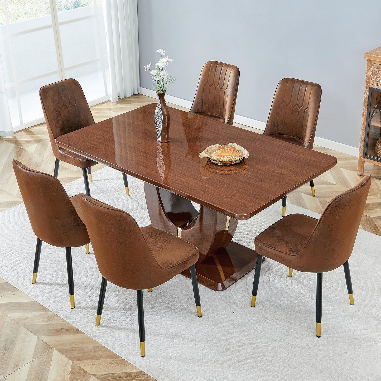 JUFU Modern Dining Table Set for 6, 63'' Kitchen Table Set with Faux Marble Tabletop and 4 PU Leather Upholstered 007 Brown Chairs, Dinner Table Set for 6, Ideal for Dining Room and Kitchen