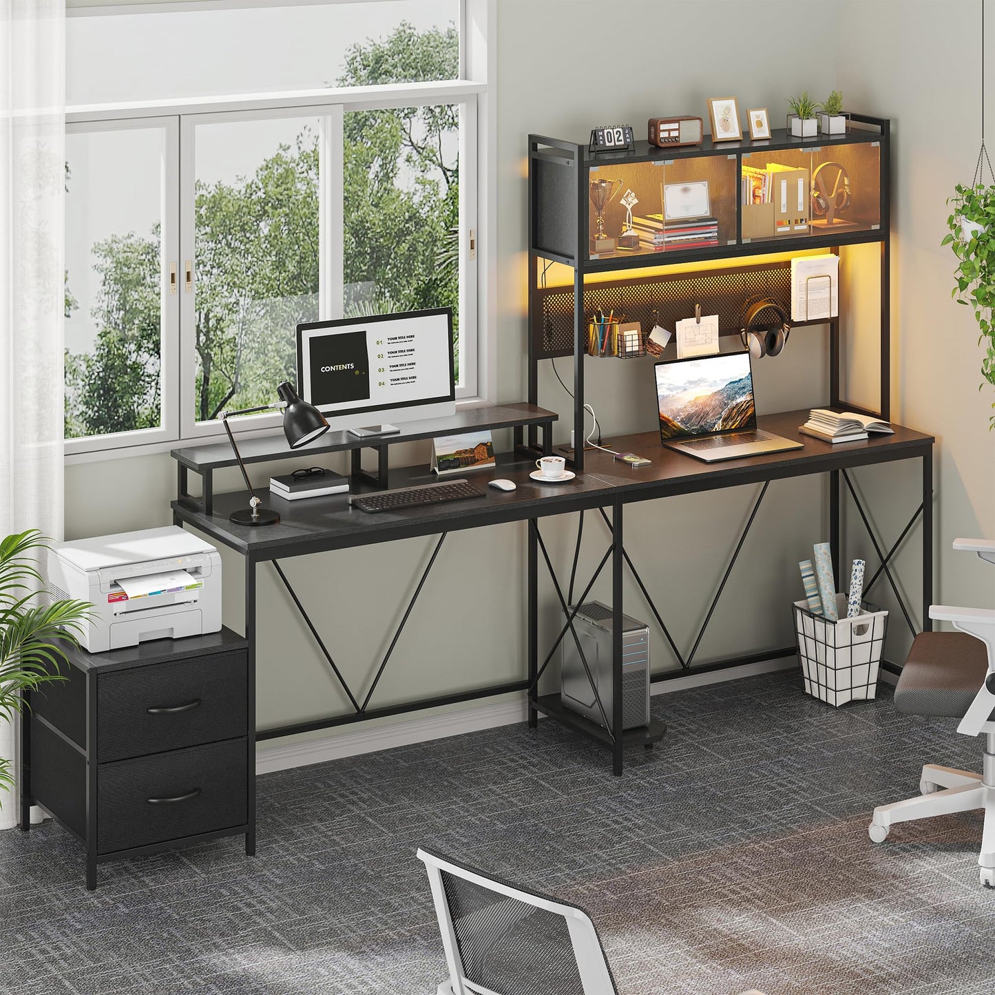 kepptory L Shaped Gaming Desk with DIY Pegboard, Home Office Computer Desk with Raised Display Stand, 2 Drawers and LED Glass Cabinets, Corner Desk with Printer Desktop&Power Outlet, Black