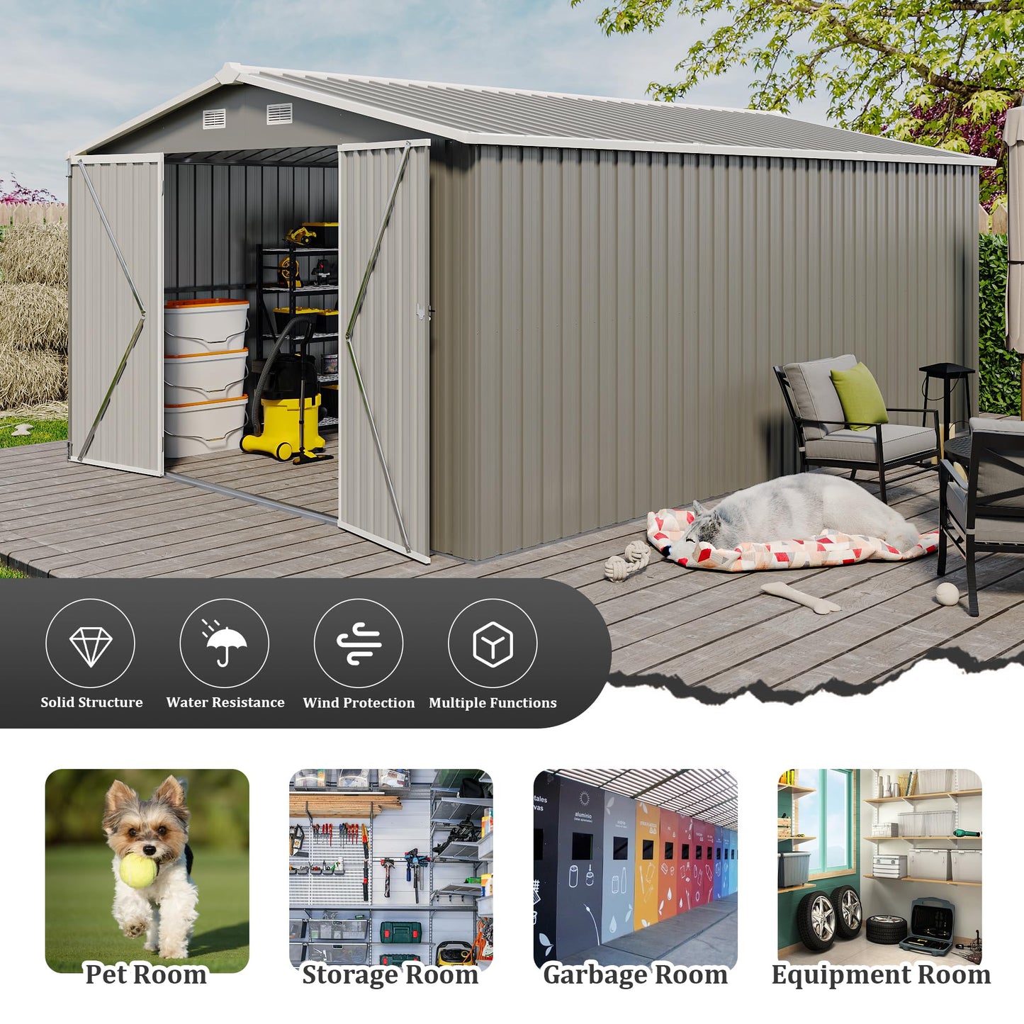 KEIKI 10x 14 FT Metal Storage Shed Outdoor, Large Garden Shed with Roof & Lockable Doors, Utility Tool Sheds Frame & 4 Vents for Patio Backyard Bicycles Storage House, All Weather Use, Light Grey