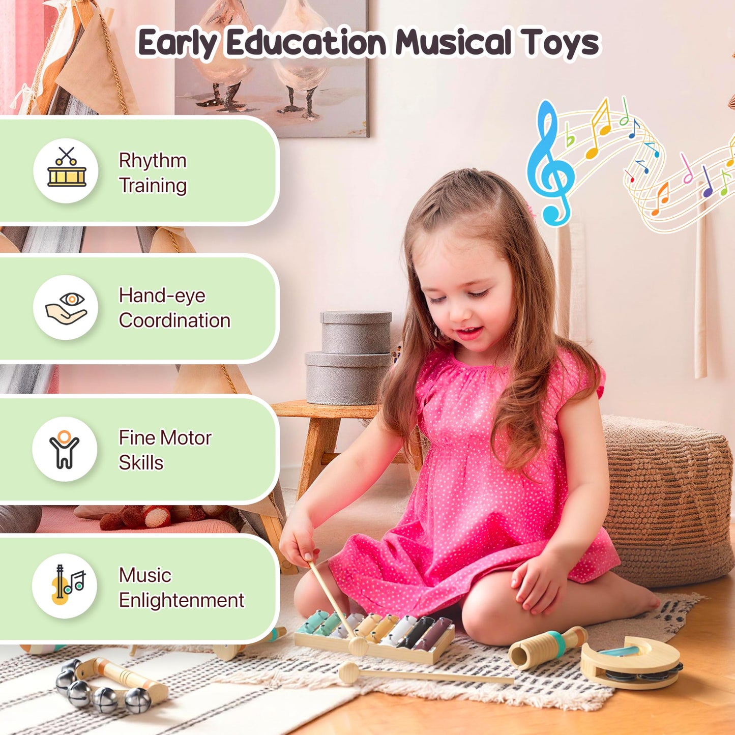 Wooden Musical Instruments for Toddlers 1-3, Montessori Percussion Set with Xylophone, Natural Music Education Toys for Baby 12-18 Months