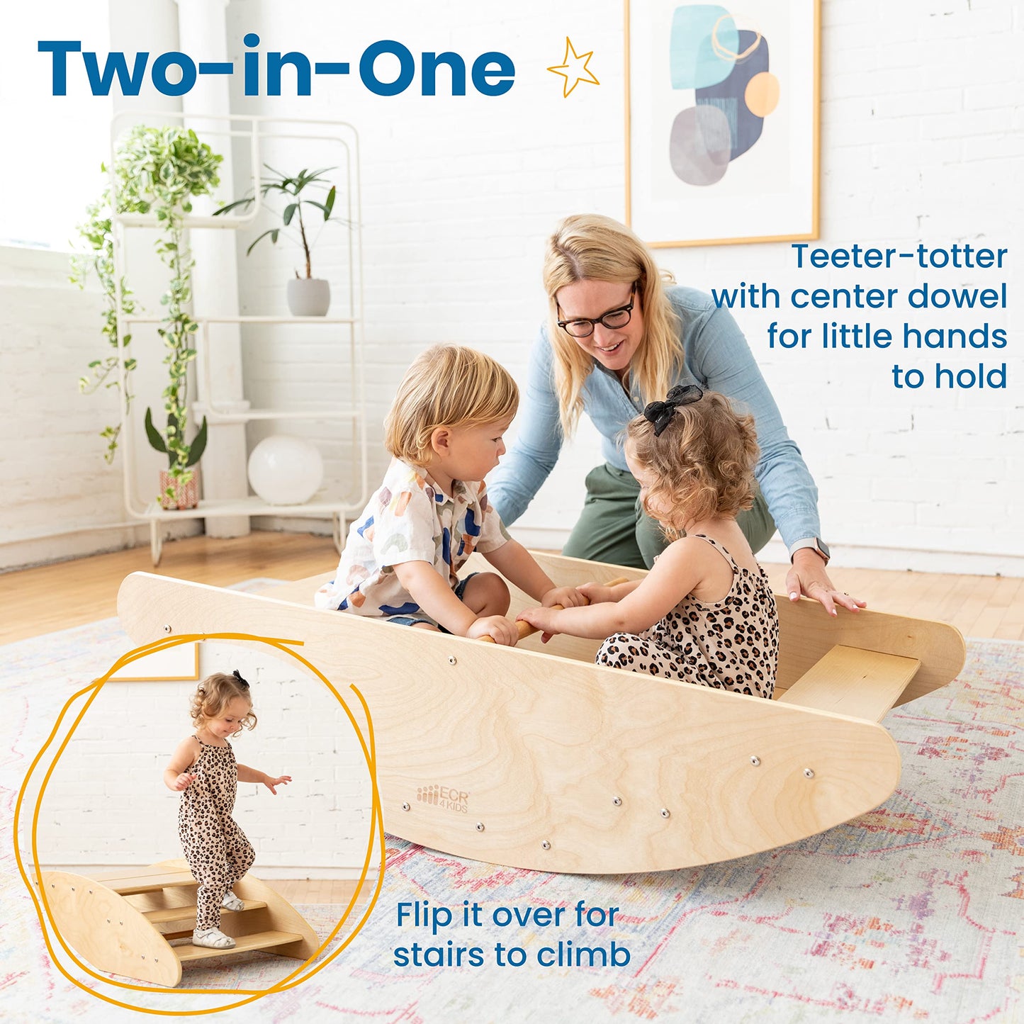 ECR4Kids Rocking Boat and Steps 2-in-1 Wooden Play Center, Montessori Furniture, Natural