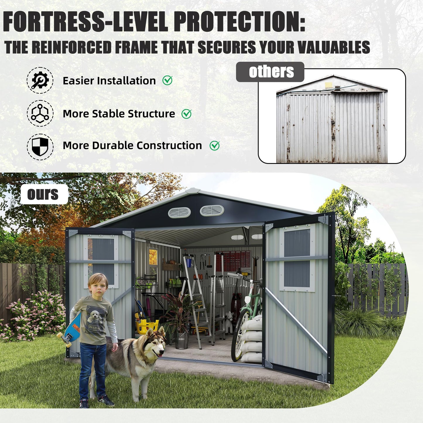 YOPTO 8x8 SF Outdoor Storage Shed,Metal Shed with Lockable Doors & 4 Daylight Windows,Garden Tool Shed w/Air Vents & Sloped Roof, Ideal for Backyard,Patio,Lawn,Dark Gray