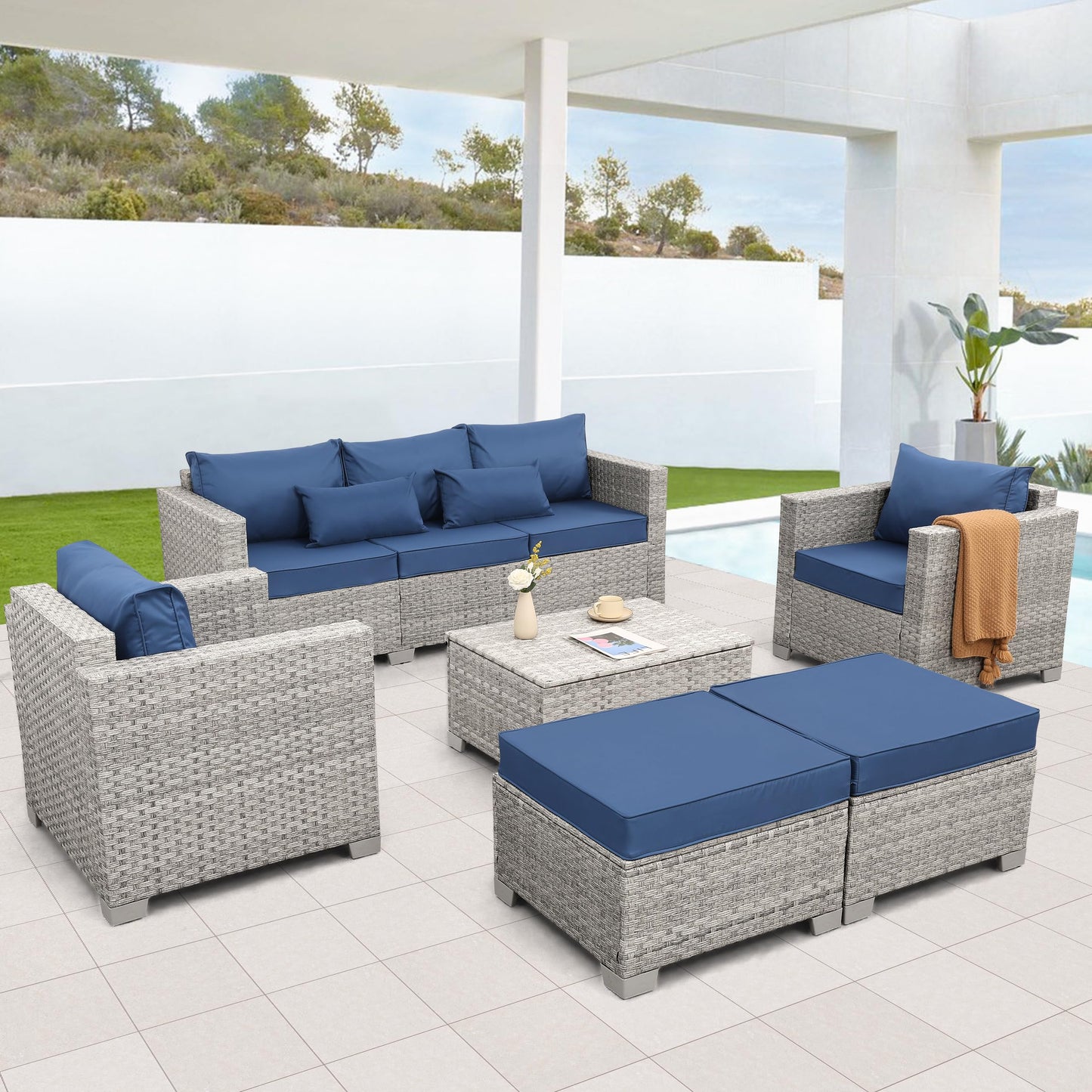 WAROOM Patio Furniture Set 6 Piece PE Rattan Outdoor Conversation Sets Grey Wicker Couch Sectional Sofa with Storage Coffee Table and Navy Blue Cushion