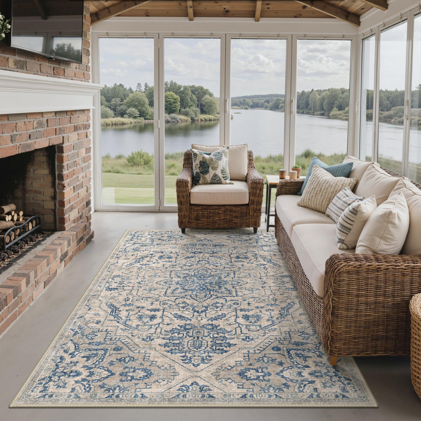 GENIMO Outdoor & Indoor Area Rug 5'x8', Waterproof, Non-Shedding, Easy Cleaning, Boho Front Door Mat for Patio, Entryway, Porch, Living Room, Bedroom, Bathroom, Outside Carpet Beige Blue