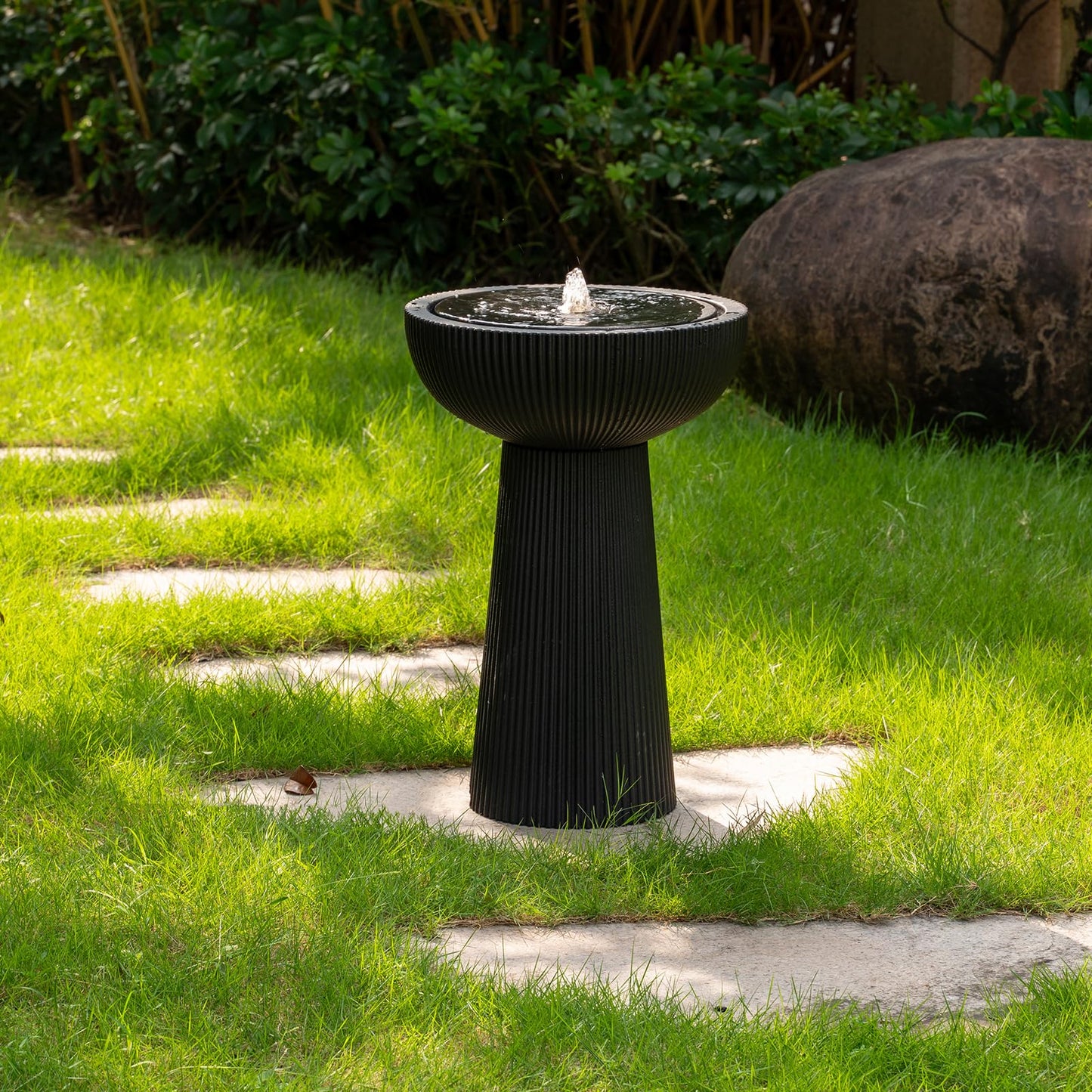 Puulye 23.23" H Outdoor Water Fountain Made with Eco-Friendly Recyclable Materials, Polyethylene Bird Bath Bubbler Water Fountain Outdoor, Garden Decor with LED Light & Pump for Patio (Black)