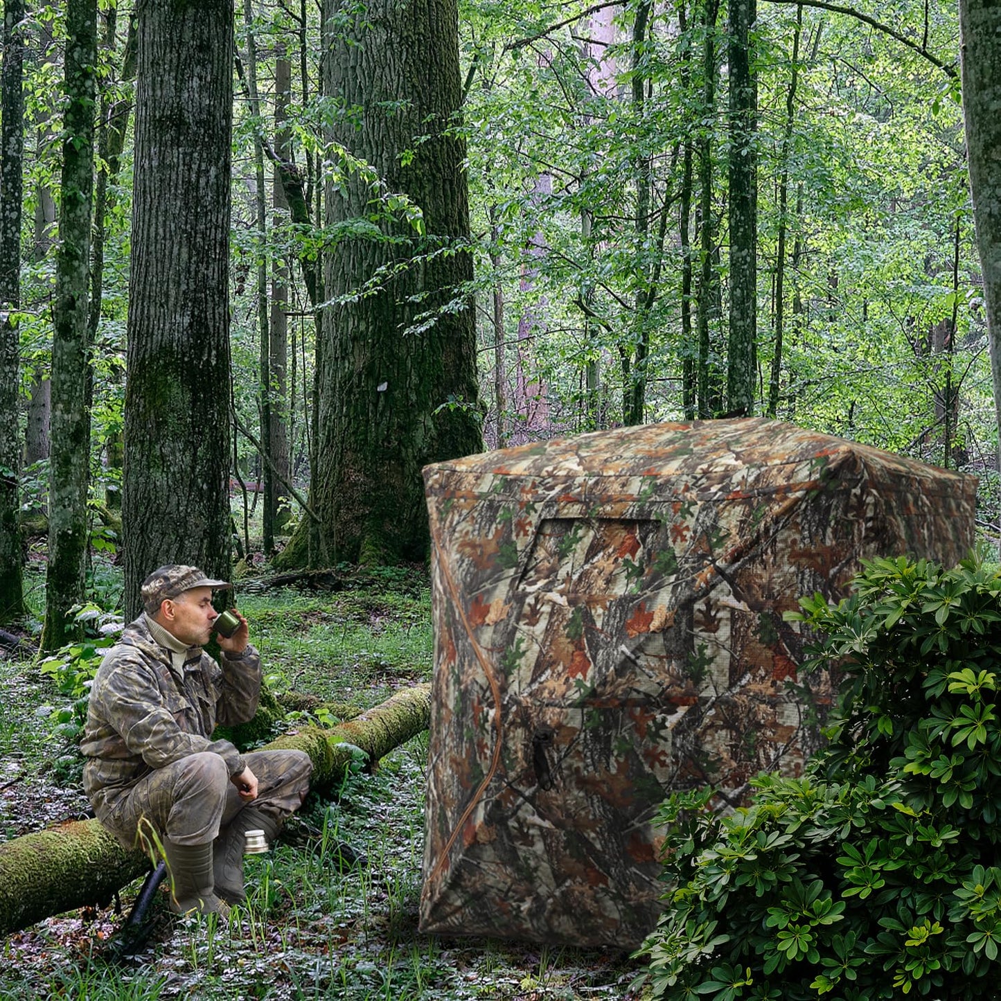 FUNHORUN Hunting Blind with Floor Mat, 360 Degree See Through Ground Blind with Carrying Bag, 3/4 Person Pop Up Camouflage Tent Portable Concealed Shelter