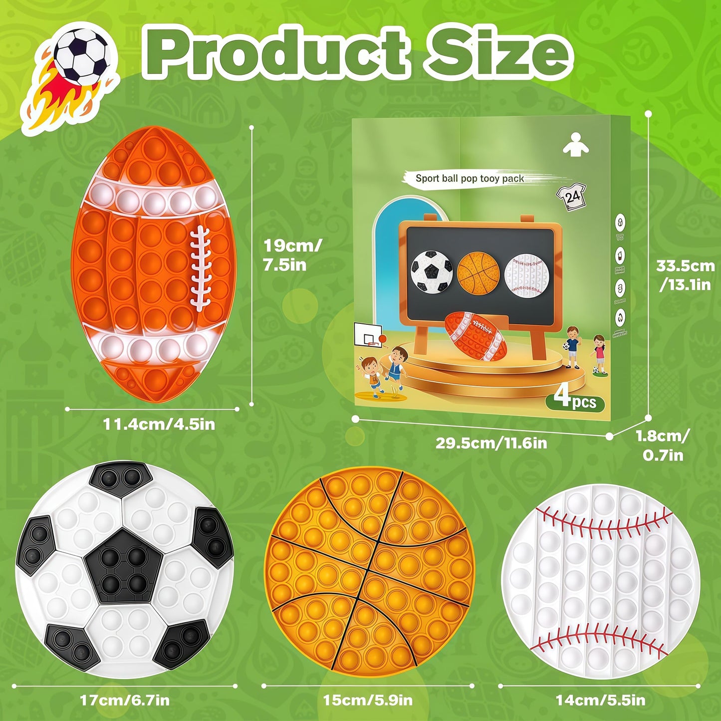 4 Pcs Fidget Toys, Sports Push Bubble Pop Fidget Sensory Toy Football Basketball Baseball Rugby, Squeeze Toys Set for ADHD Autism Stress Relief Toy Gift
