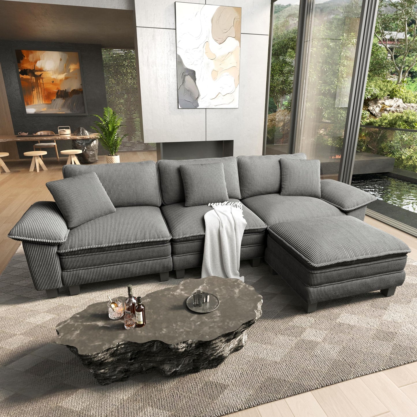 HERA'S HOUSE 124" Modular Sectional Sofa, Oversized L Shaped Couches for Living Room, Comfy Cloud Couch with Ottoman, 4-Seater Deep Seat Sofa with Throw Pillow, Corduroy Grey
