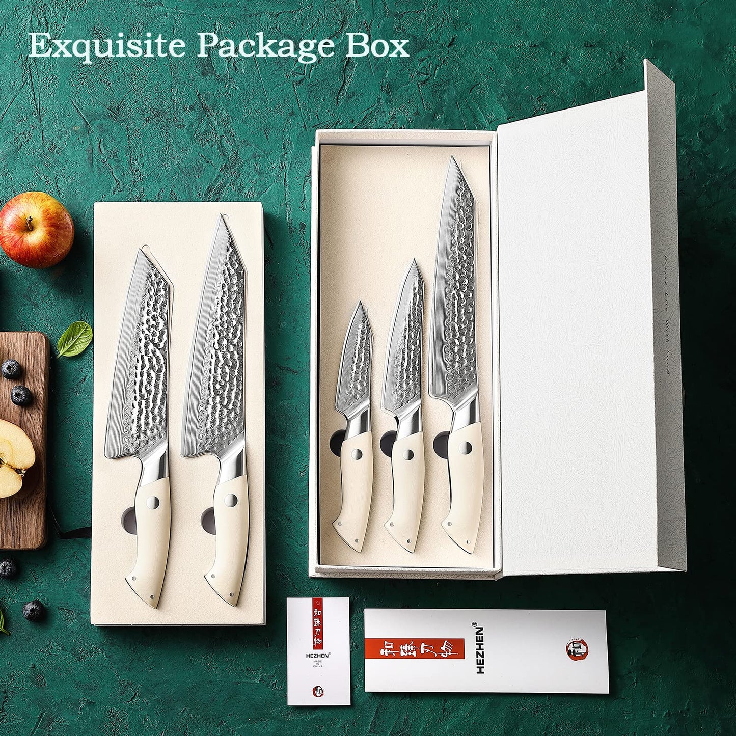 HEZHEN 5PCS Damascus Steel Kitchen Knife Set, 67 Layers Chef, Universal Peeling, Paring, Bread Knife, Ivory White G10 Handle Cooking Tools