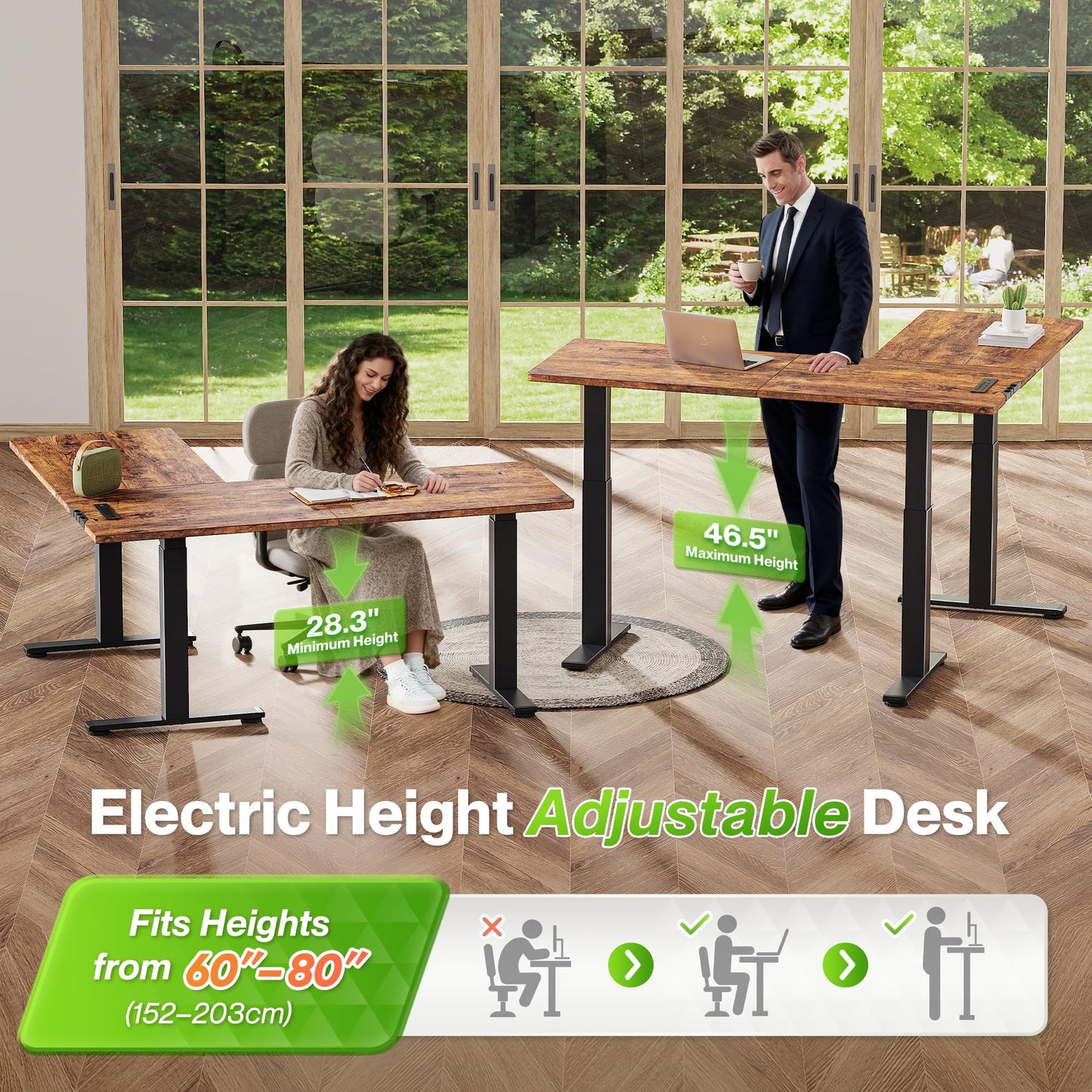 Huuger L Shaped Standing Desk with Power Outlets, 63 x 55 Inch Height Adjustable Computer Desk for Bedroom, Corner Stand up Desk for Home and Office, Work and Study, Rustic Brown