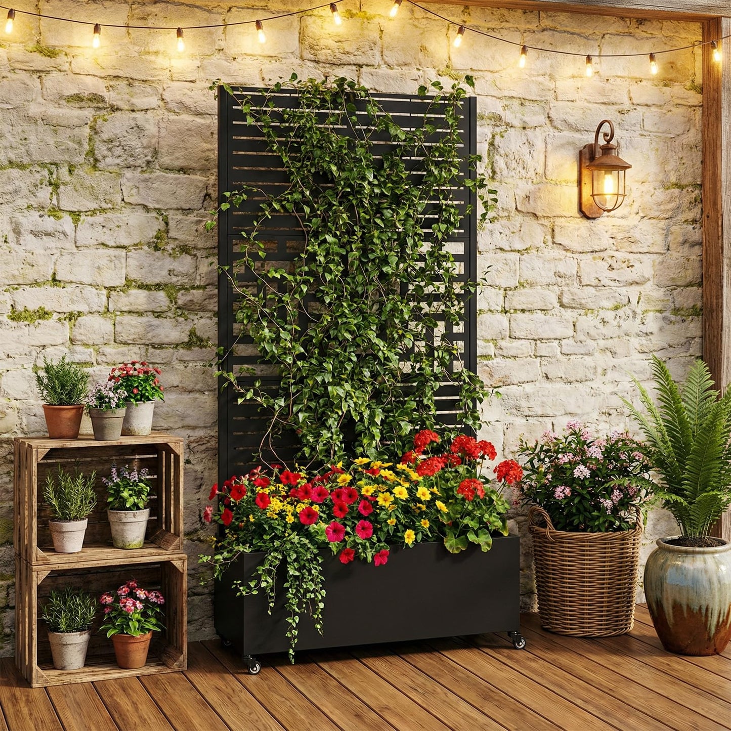 Hubxinly Metal Planter Box with Trellis,Raised Garden Bed with Trellis and Wheels,70.87x35.43x15.75 Inch Metal Standing Planter Box with Drainage Holes Suitable for Climbing Plants and Vegetables