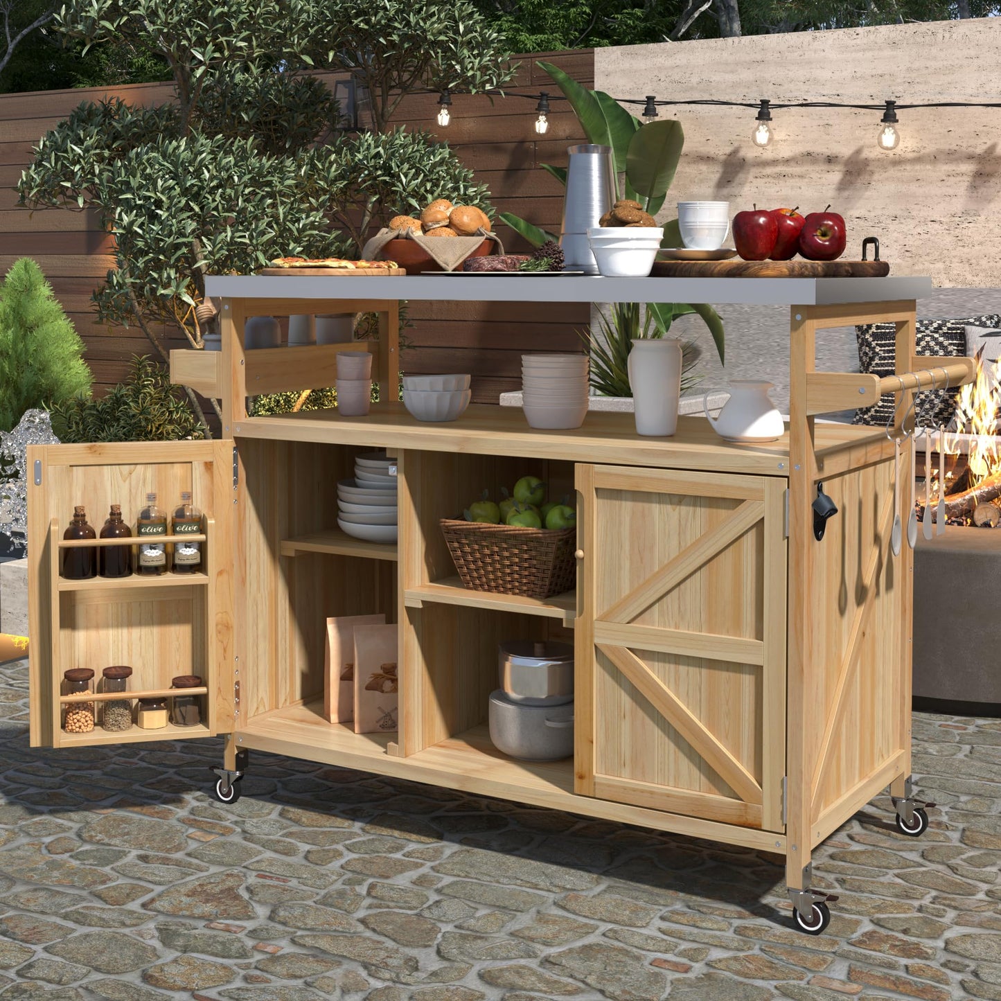 Ball & Cast Outdoor Kitchen Island,Rolling Bar Cart & Storage Cabinet,Farmhouse Solid Wood Outdoor Grill Table with Stainless Steel Top,Spice and Towel Rack,for Kitchen,Barbecue,Natural,50.25"