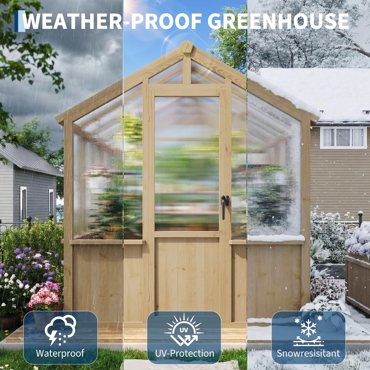 6x12 FT Greenhouse - Large Wooden Greenhouses for Outdoors, Heavy Duty Spruce Frame Greenhouse with PC Panels, Adjustable Roof Vents & Lockable Door, Walk-in Green Houses for Garden, Backyard, Patio