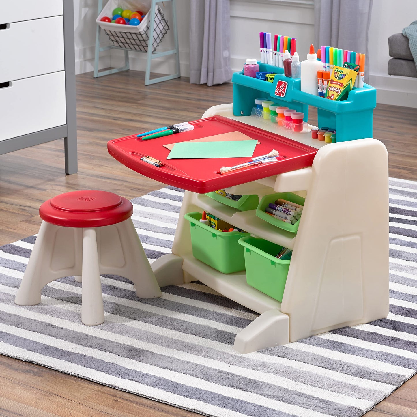 Step2 Flip & Doodle Easel Desk With Stool, Kids 2 in 1 Activity Table, Art Board, Made of Durable Plastic, For Toddlers 2+ Years Old