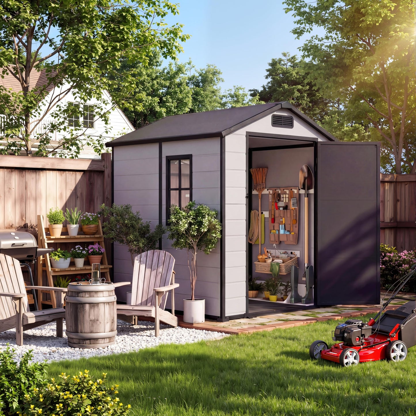 4x6 FT Outdoor Storage Shed, Large Waterproof Resin Garden Shed with Lockable Door Vents Window for Patio Lawn Mower Bike Tool Backyard Organization, Gray + Black