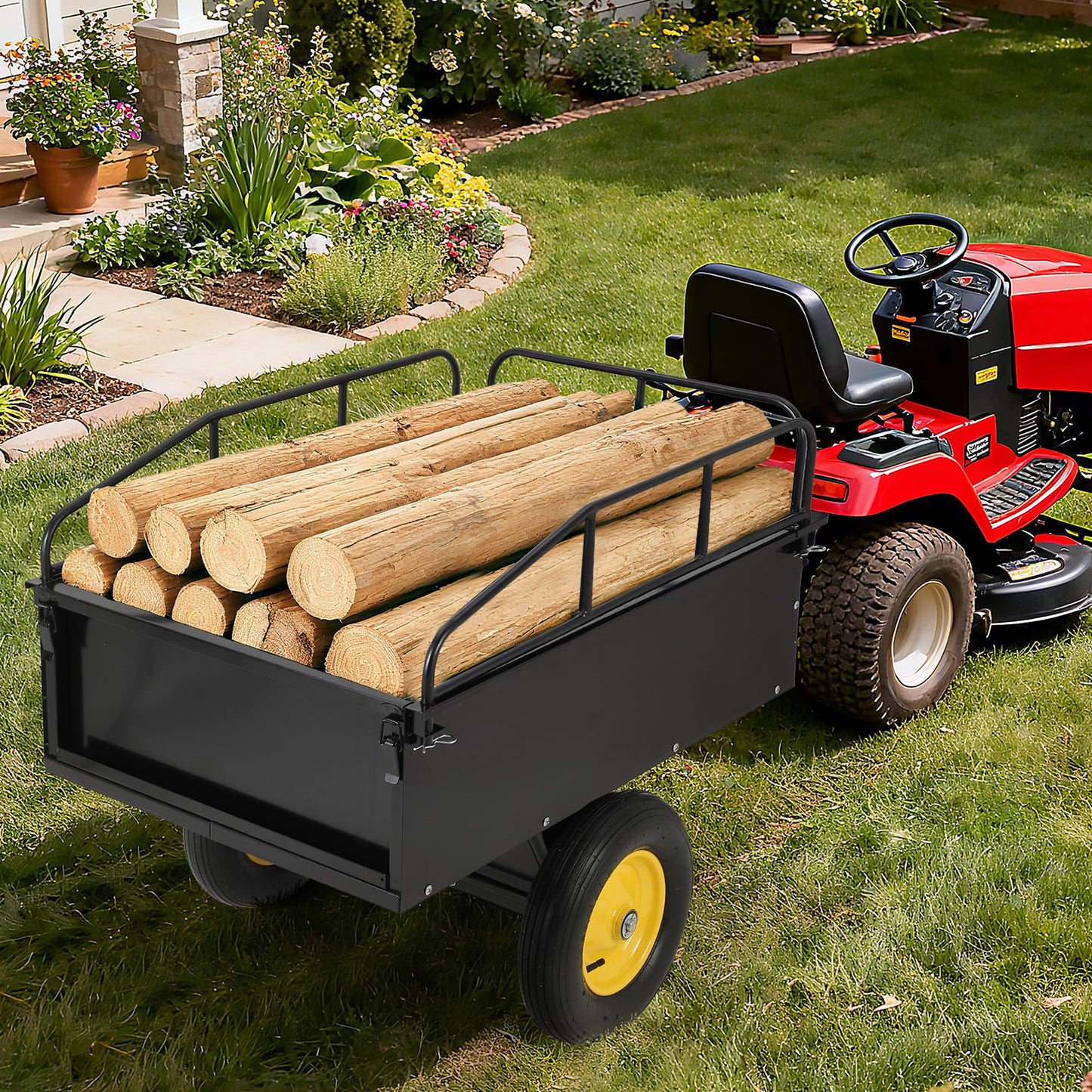 750LB Dump Cart, Heavy Duty Steel Garden Utility Trailer with Manual Dump,Pull Behind Trailer for Lawn Mower, Tractor, ATV for Yard & Farm