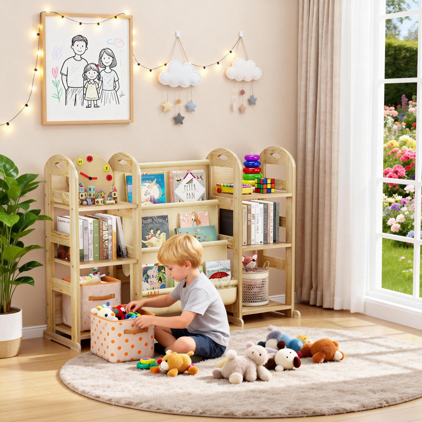 TWINDLE Kids Bookshelf and Toy Storage Organizer, Large 3 Tier Wooden Kids Book Shelf with Sling Book Rack for Kids Room, Nursery, Playroom