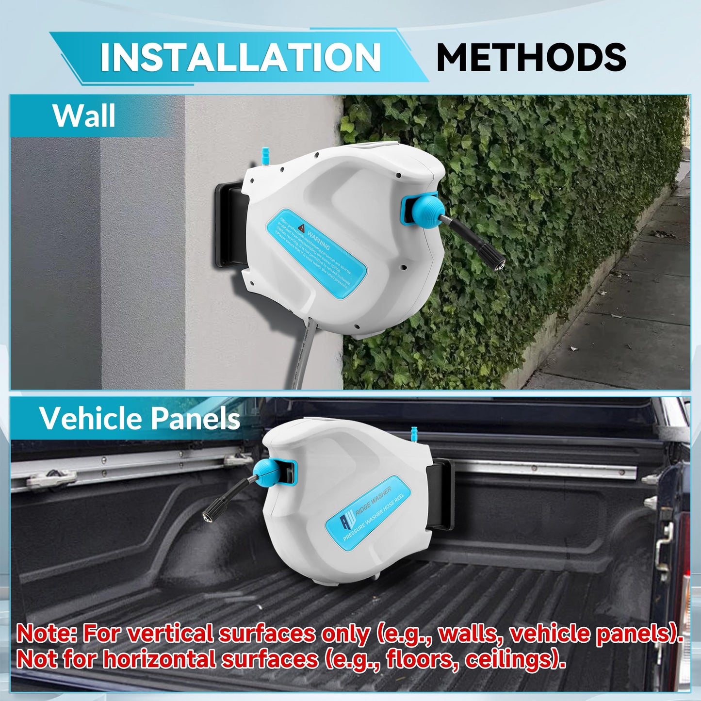 RIDGE WASHER Pressure Washer Hose Reel, 65FT X 1/4'' Power Washer Hose Reel, Auto Rewind Wall Mounted Retractable Hoses Reel, 3600 PSI