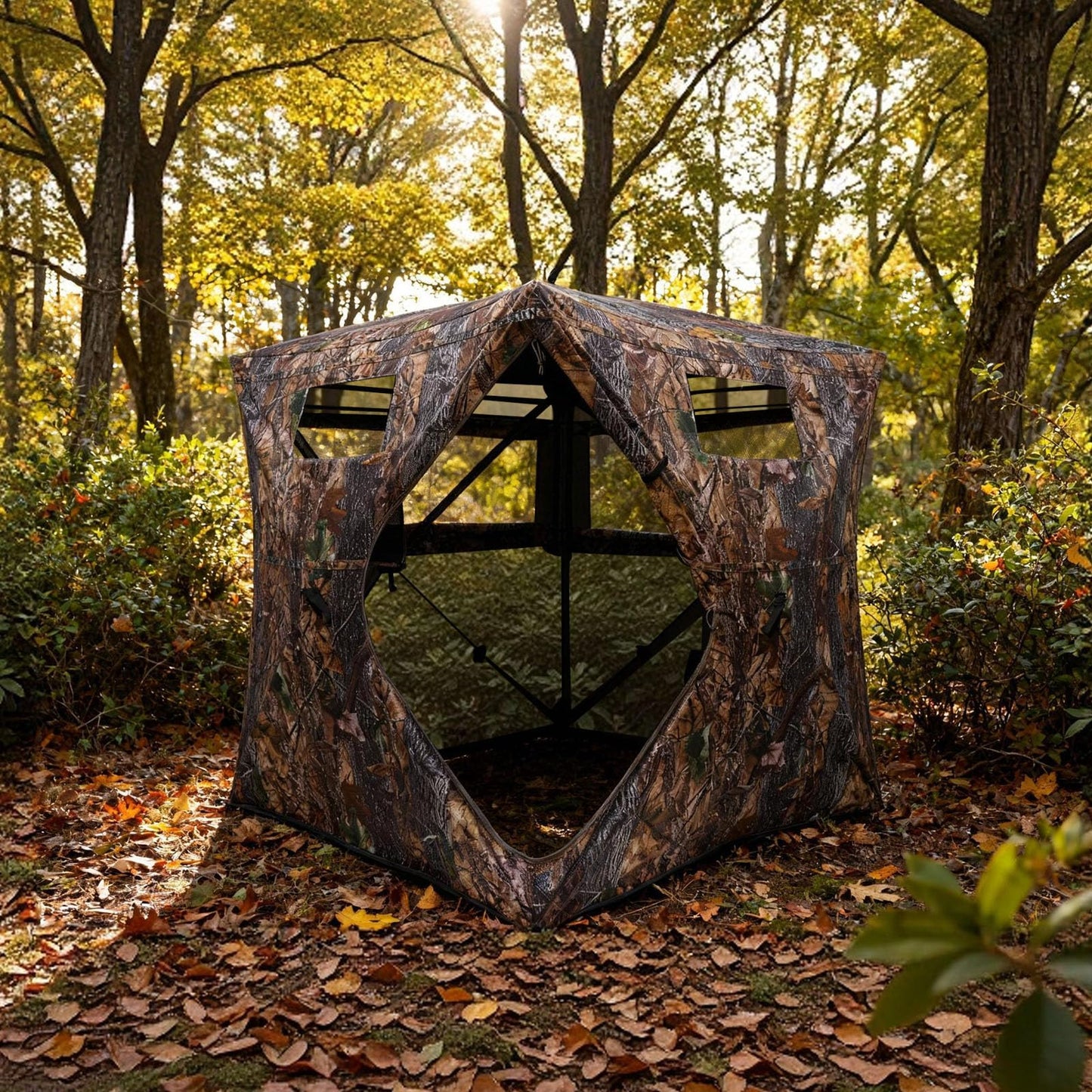 FUNHORUN Hunting Blind with Floor Mat, 360 Degree See Through Ground Blind with Carrying Bag, 3/4 Person Pop Up Camouflage Tent Portable Rhombus Door Concealed Shelter
