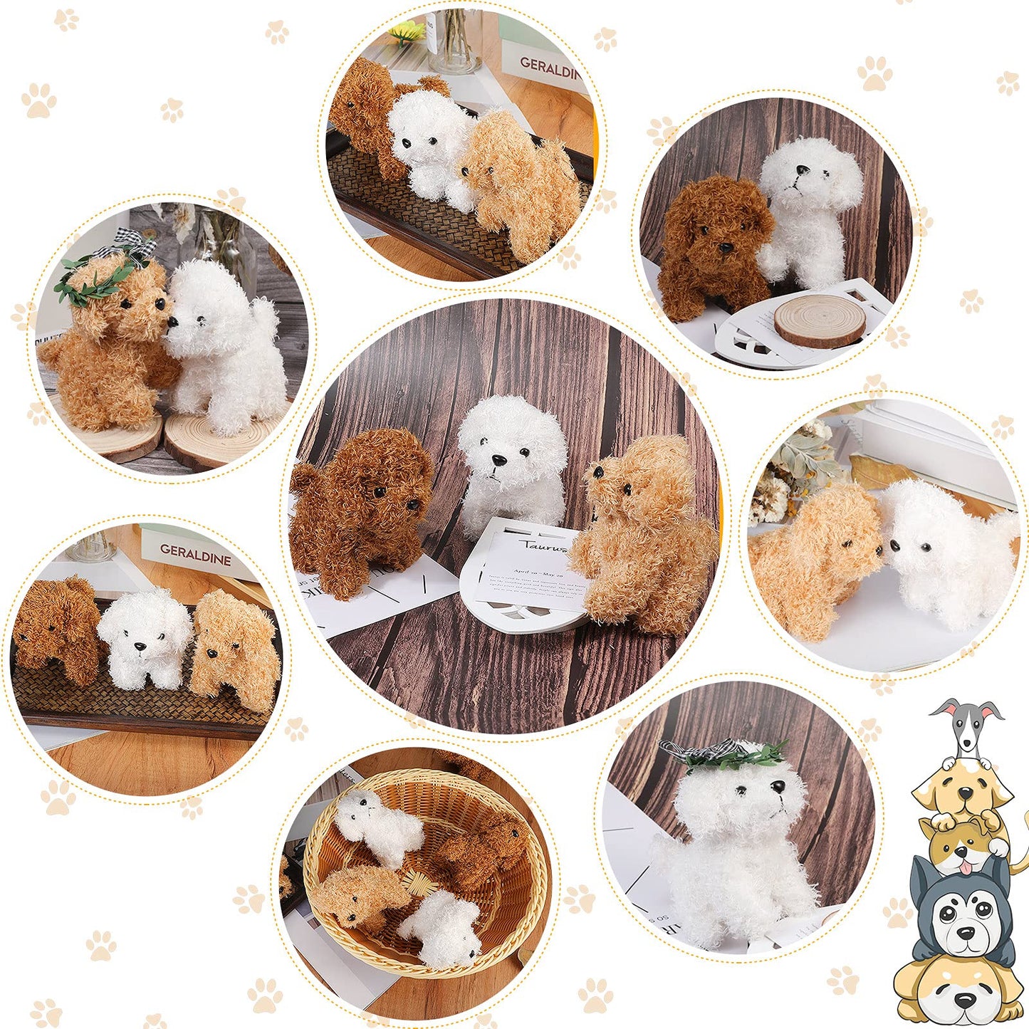 Sumind 9 Pcs 4" 5" Mini Plush Stuffed Dog Party Favor Small Puppy Stuffed Animal Bulk Soft Toy Doll Cute for Kids Graduation School Gift Baby Shower Birthday Adopt Party(Curly Puppy)