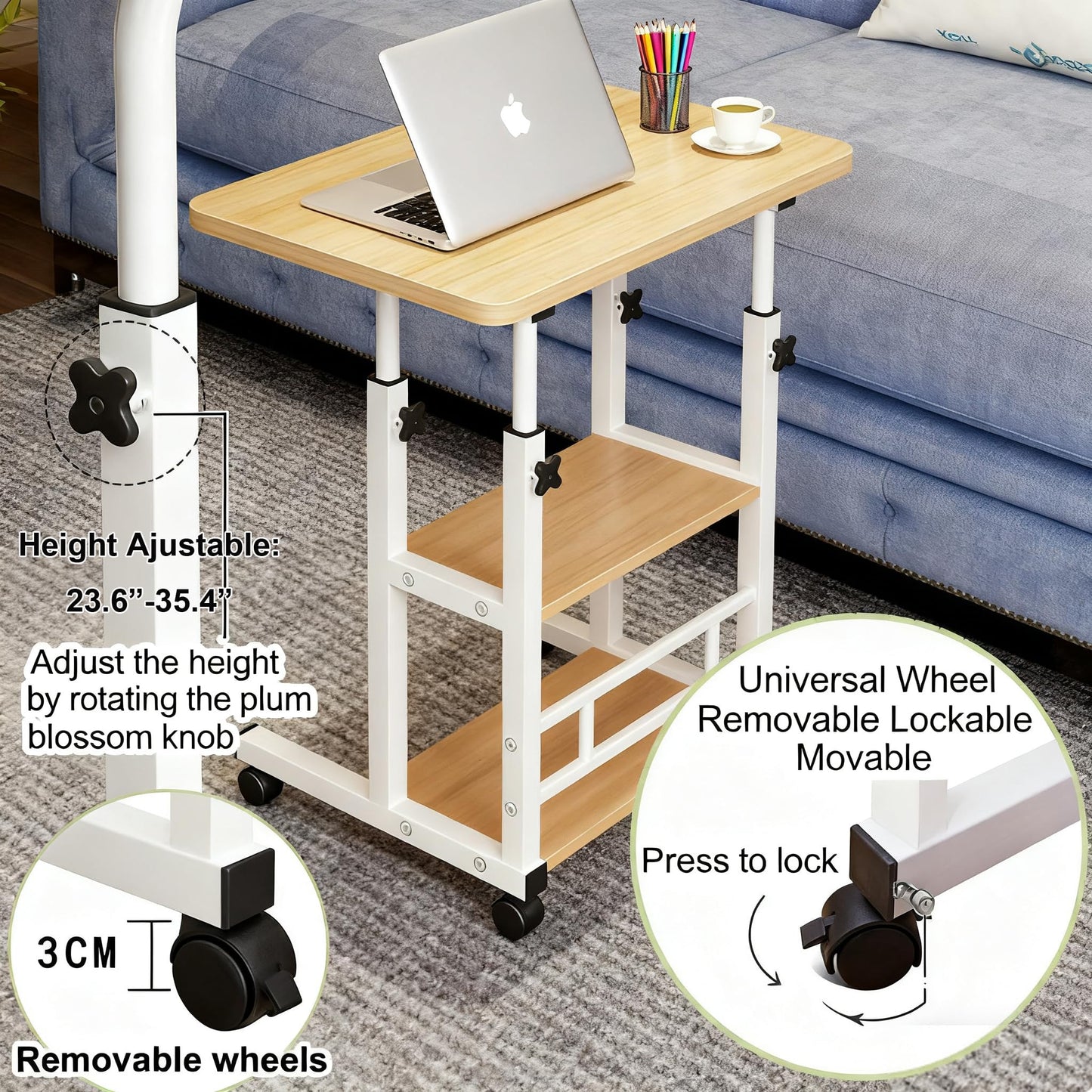 VebaCidi Medical Overbed Bedside Table with Two Shelves and Wheels (Hospital and Home Use), 31 1/2" Desk with Non Tilt Wooden Top, Adjustable Height (Walnut)