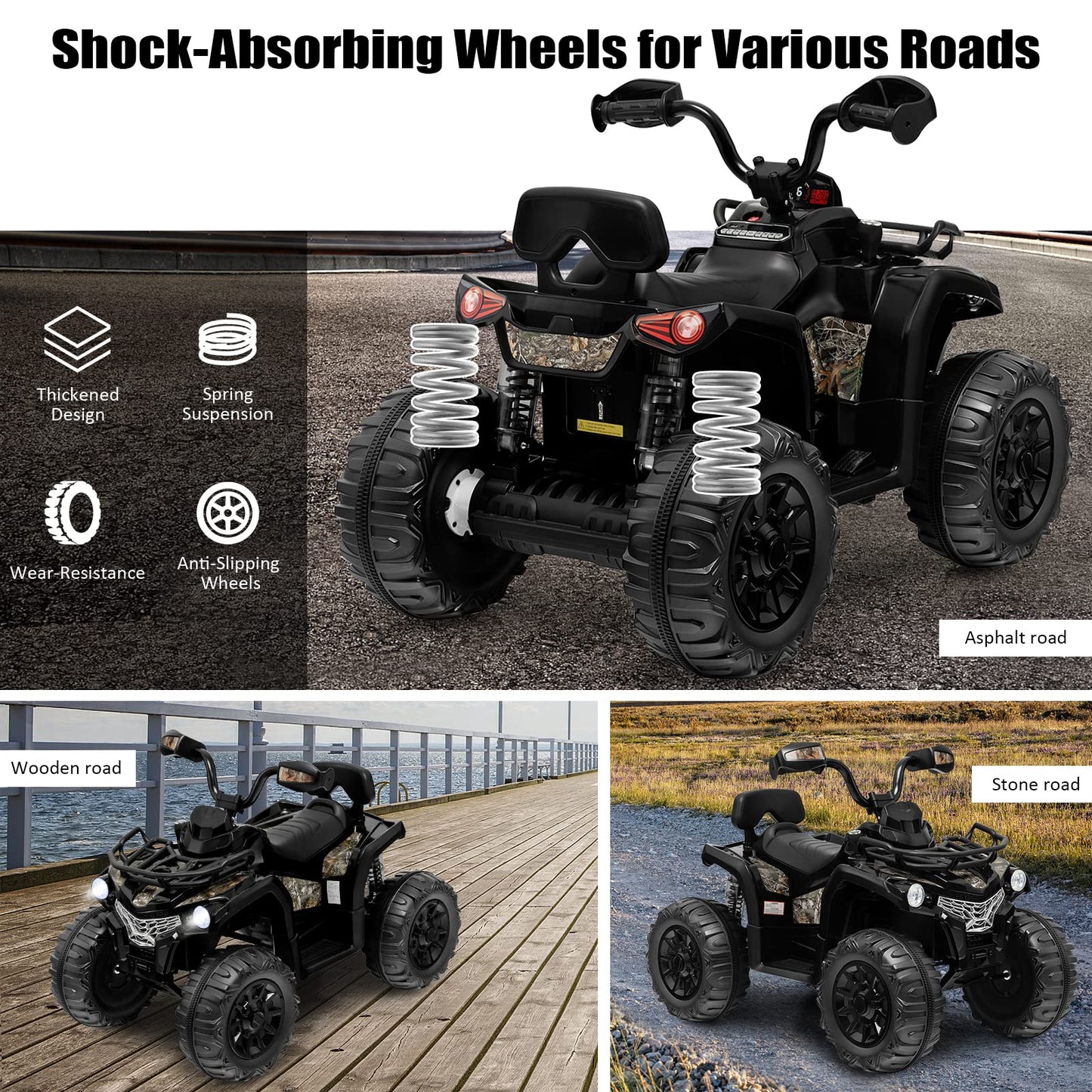 Costzon Kids ATV, 12V Four Wheeler Quad Electric Vehicle w/Forward/Backward Function, 2 Speeds, Music, Headlights, Storage Basket & Backrest, Toddler 4 Wheeler Toy Car for Boys Girls 3+ (Black)