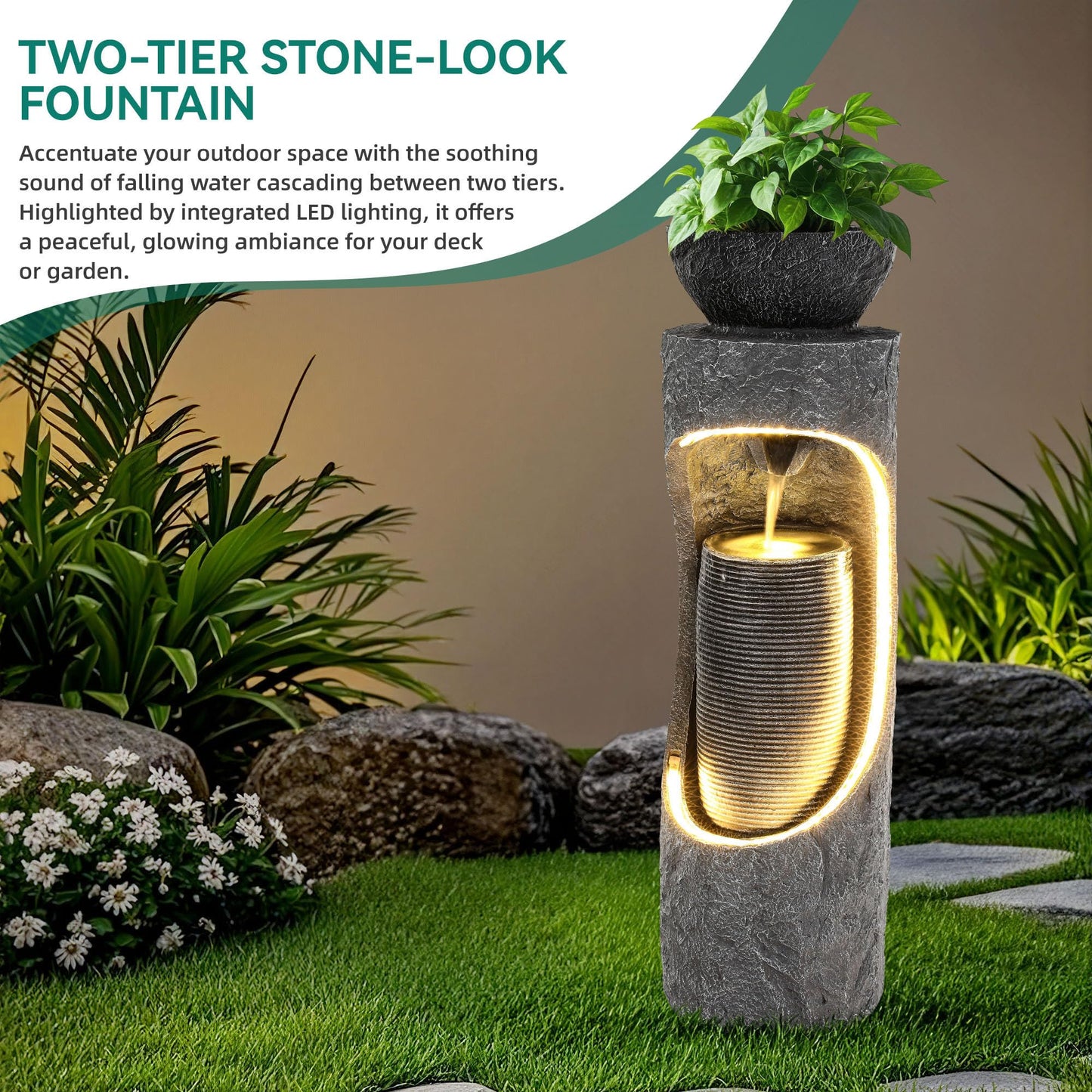 Ultym 40" Tall Outdoor Water Fountain, Dual-Layer Column Garden Fountain with Bird Feeder, Resin Soothing Cascading Waterfall Foutain for Patio, Backyard, Garden or Porch Decor