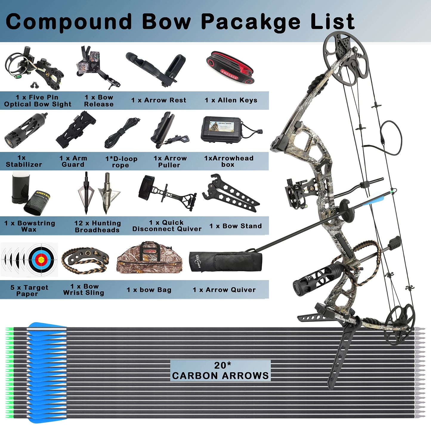 surwolf Compound Bow Kit, Hunting & Targeting, Limb Made in USA, Draw Weight 0-70 lbs Adjustable, Draw Length 9”-31",up to IBO 325FPS Speed, Package with Archery Hunting Accessories (Camo)