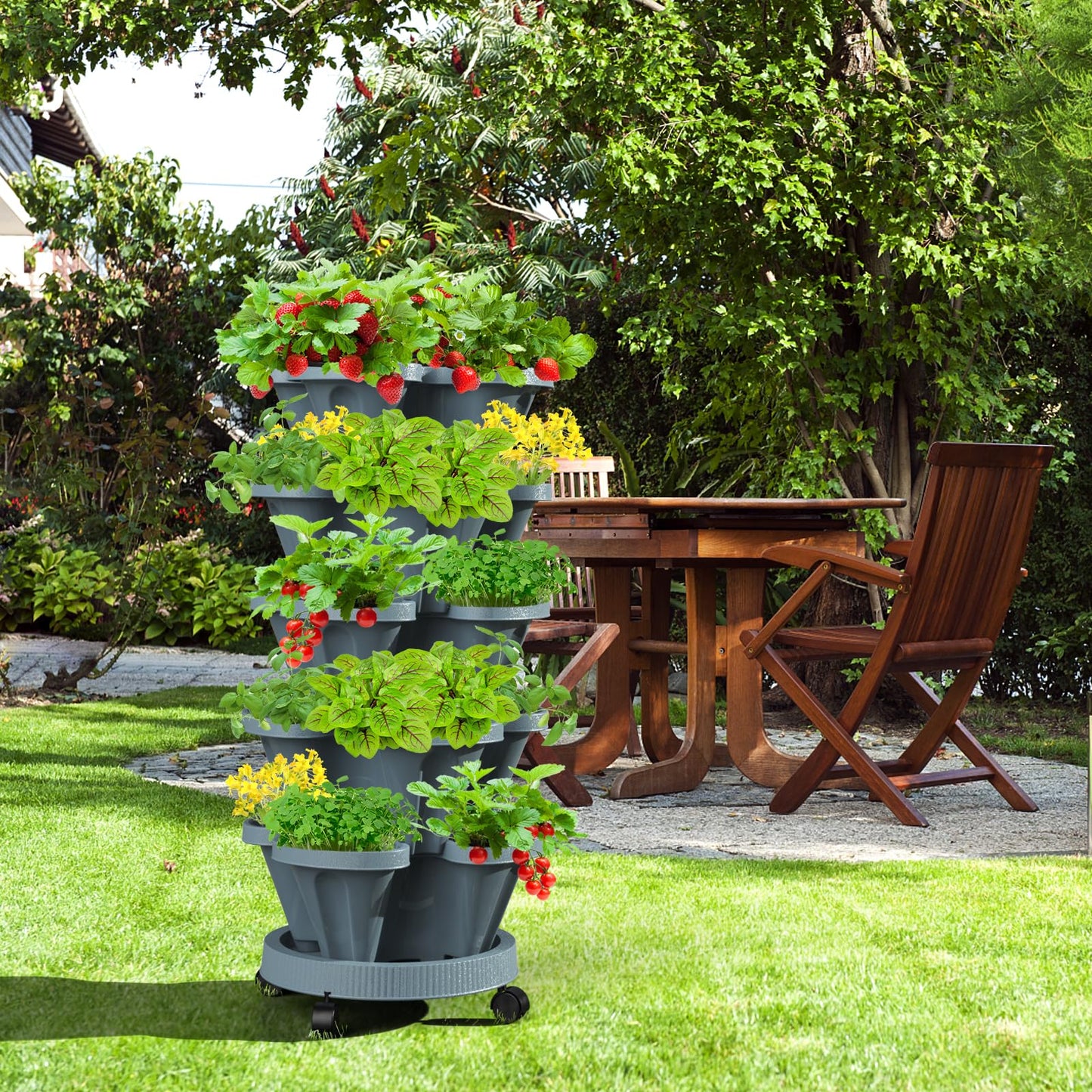 Tectsia 7 Tiered Strawberry Vertical Planters Tower Garden 2 Pack, Stacking Herb Vegetable Planter with Support Pole Indoor and Outdoor - Dark Grey