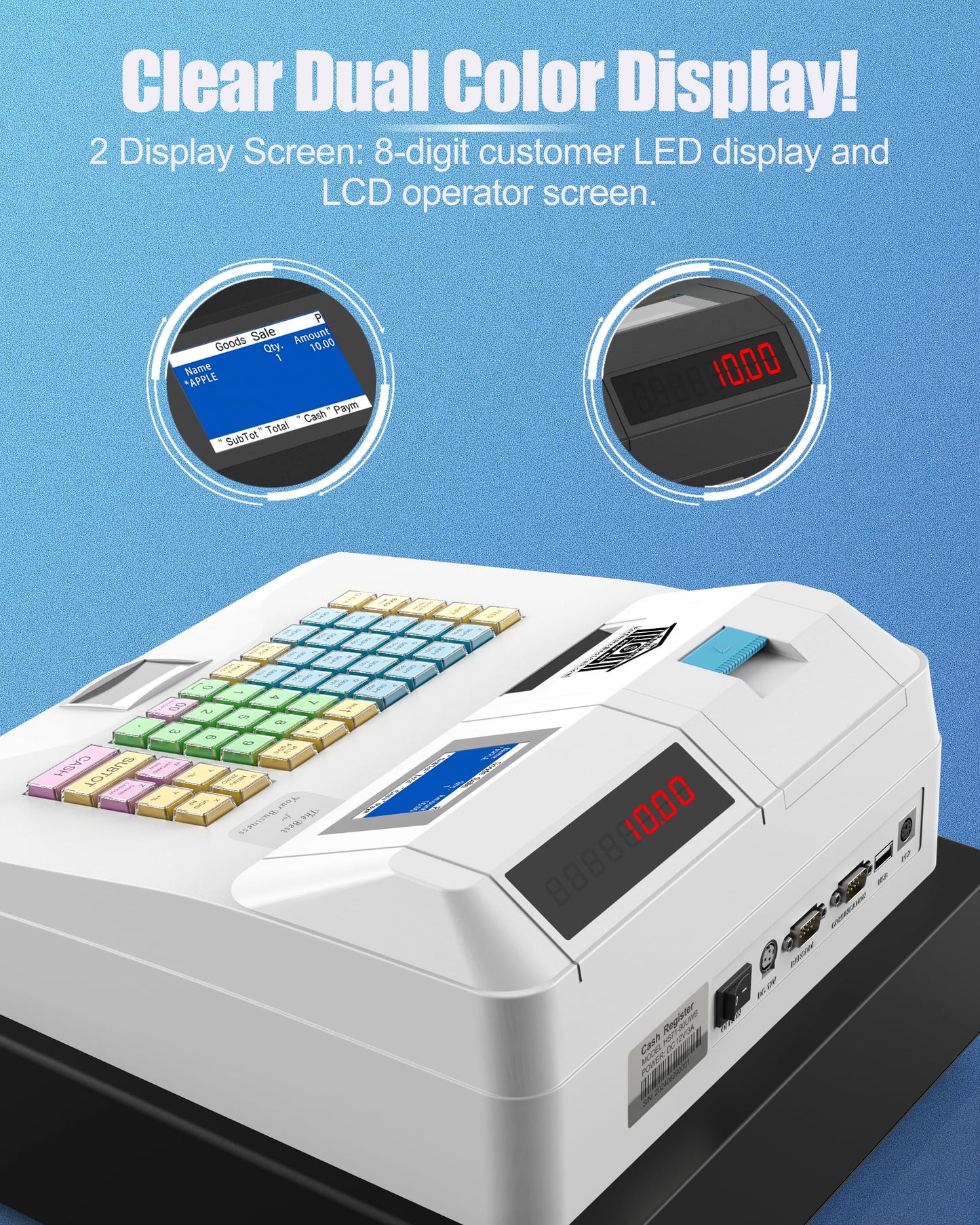 Perfiware Cash Register for Small Businesses with Scanner（HS1000）& Removable Checkport Cash Drawer,Electronic Cash Registers with Dual Display and Receipt Printer,Dust-Proof& Oil Proof