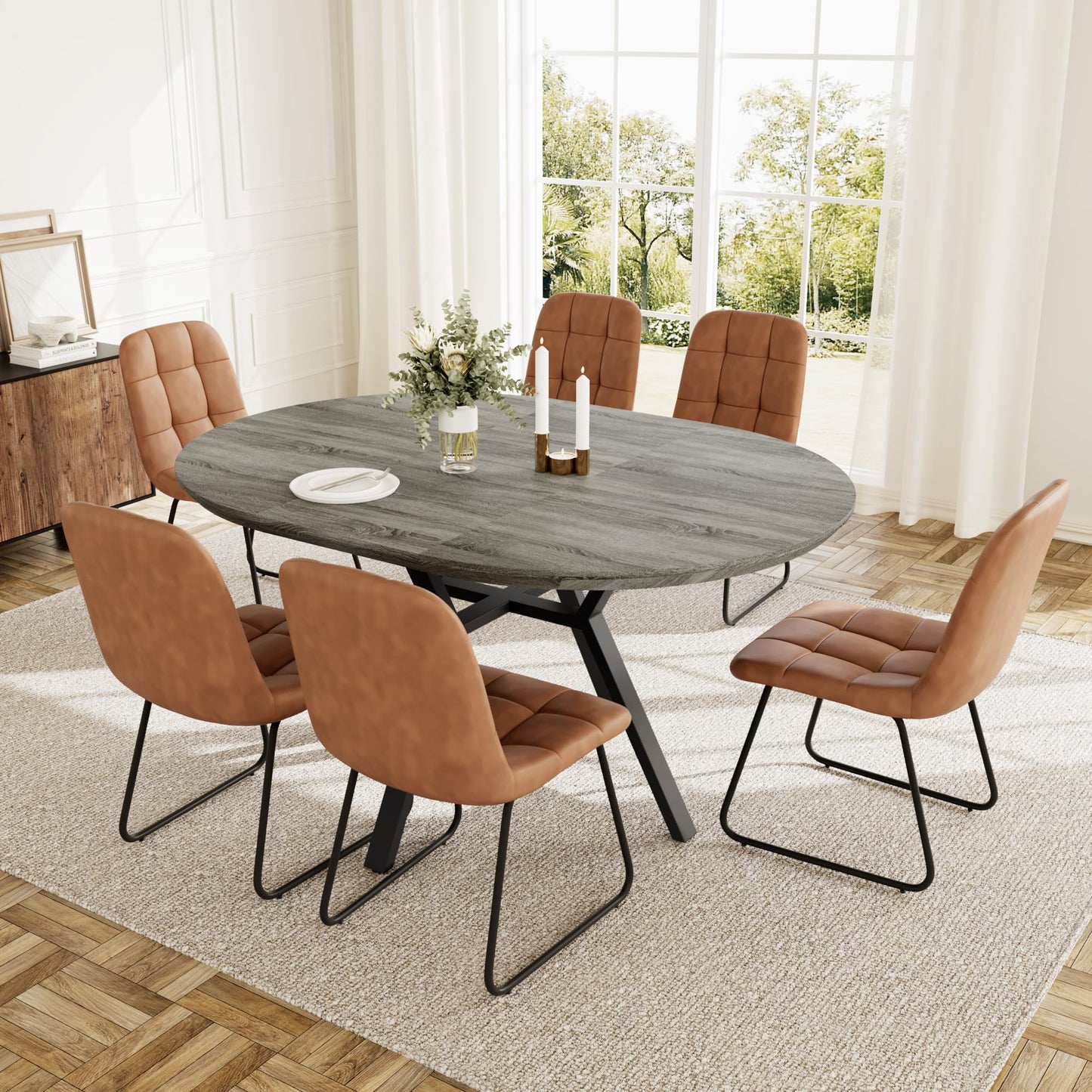 HIPIHOM Extendable Round Dining Table Set for 6 People, 43.3"-59.1" Extendable Kitchen Table with 6 Upholstered Chairs, Space Saving for Kitchen Dining Room (Grey Table+6 U-Shaped Brown Chairs)