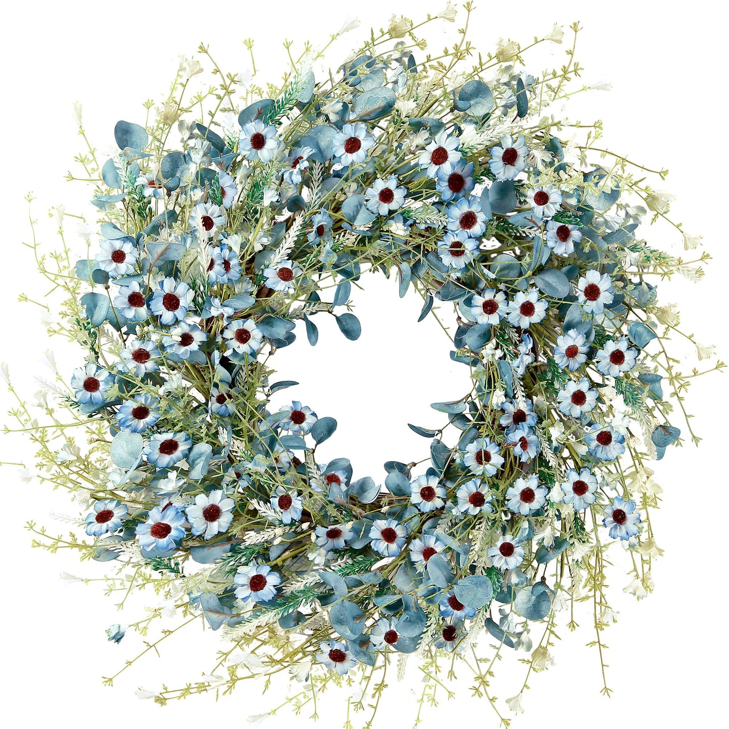 Sggvecsy Blue Daisy Wreath 24 Inch Spring Summer Fake Silk Floral Wreath with Green Eucalyptus Leaves and Lavender for Front Door Window Wall Wedding Farmhouse Festival Decor