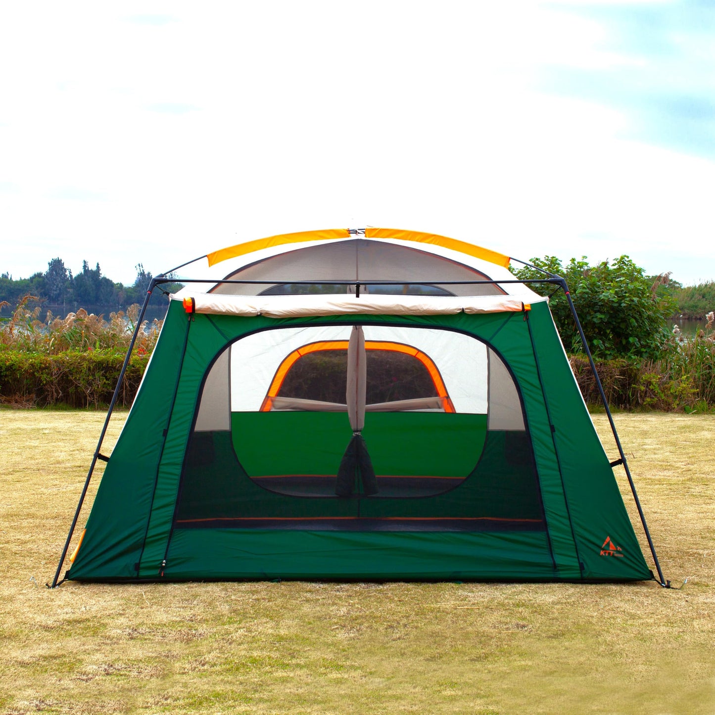 KTT Extra Large Tent 10-12 Person(B),Family Cabin Tents,2 Rooms,3 Doors and 3 Windows with Mesh,Straight Wall,Waterproof,Double Layer,Big Tent for Outdoor,Picnic,Camping,Family Gathering(Green)