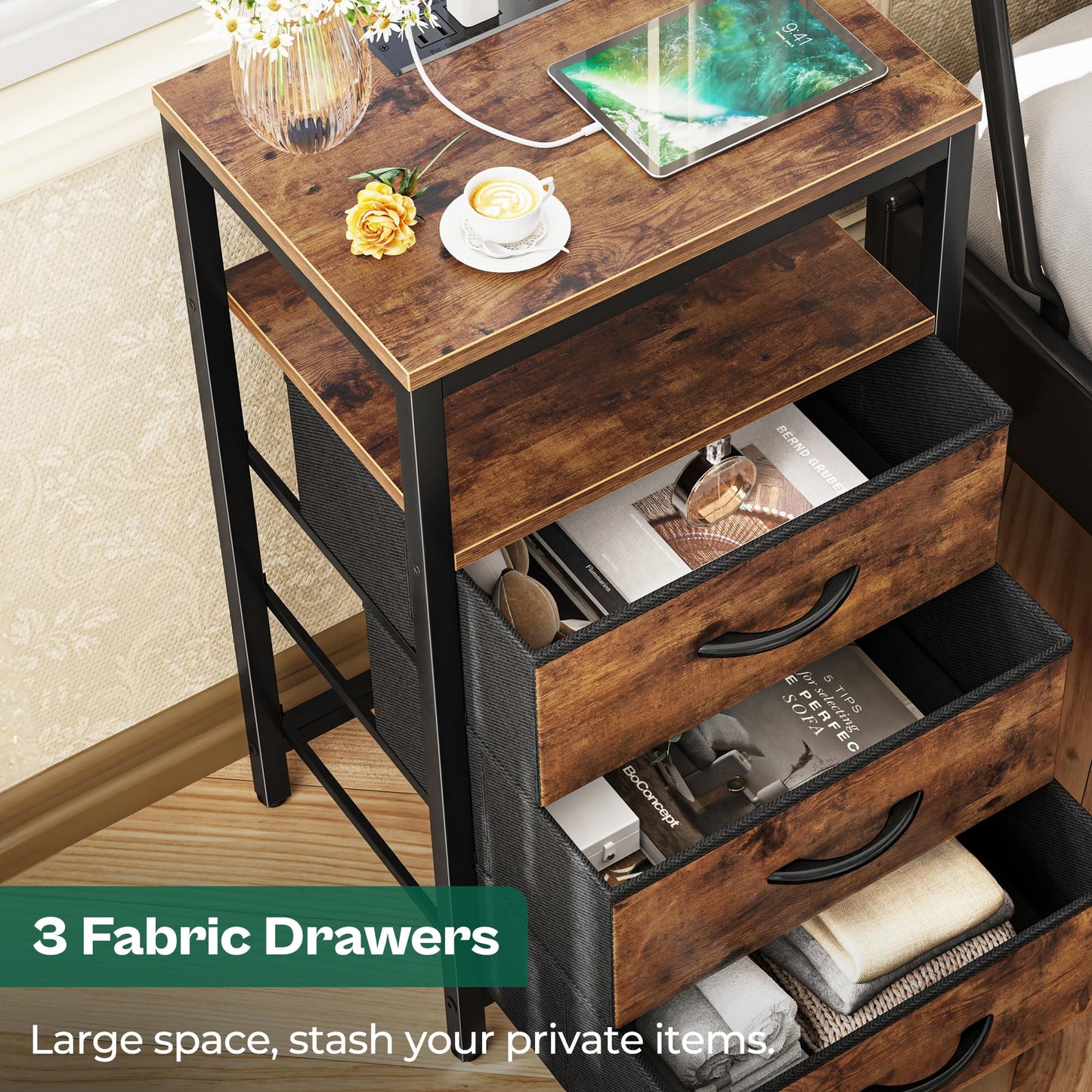 Huuger Nightstand with Charging Station, 27.6 Inch Bedside Table with Fabric Drawers, End Table with USB Ports and Outlets, Night Stand for Bedroom, Rustic Brown