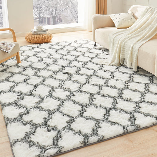 Litanika 4x6 Geometric Shag Area Rug for Bedroom, White and Grey High Pile Ultra Soft Plush Shaggy Furry Bedside Playroom Dorm Carpet, Non-Slip, Non-Shedding Indoor Floor Rug