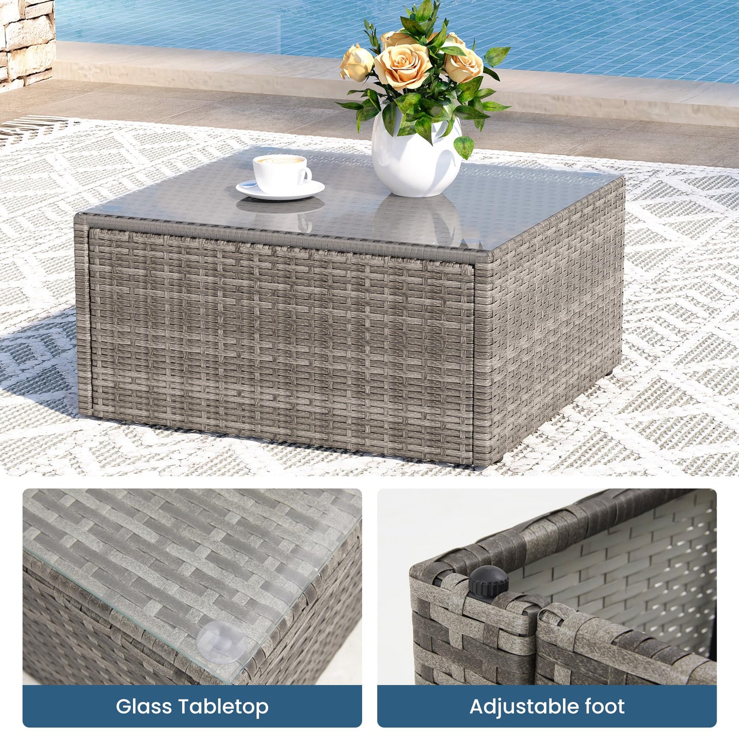 Wisteria Lane 8 Pieces Outdoor Patio Furniture Set with 43" Fire Pit Table, Wicker Outdoor Patio Sectional Sofas with Coffee Table, All-Weather Patio Conversation Set for Backyard Garden, Light Blue