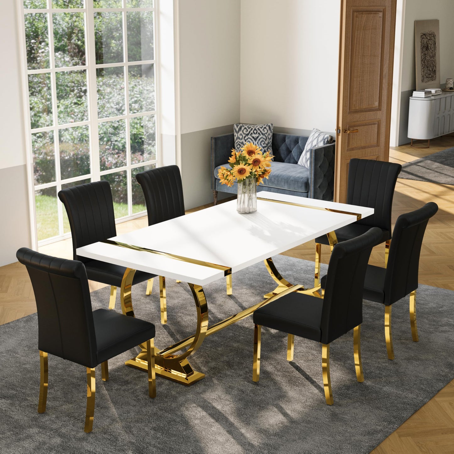 Asday Dining Table Set with 6 Chairs PU Upholstered, 80 Inch White Dining Table Polished Gold U Shape Legs, Modern Rectangle Dinner Table Set for Kitchen