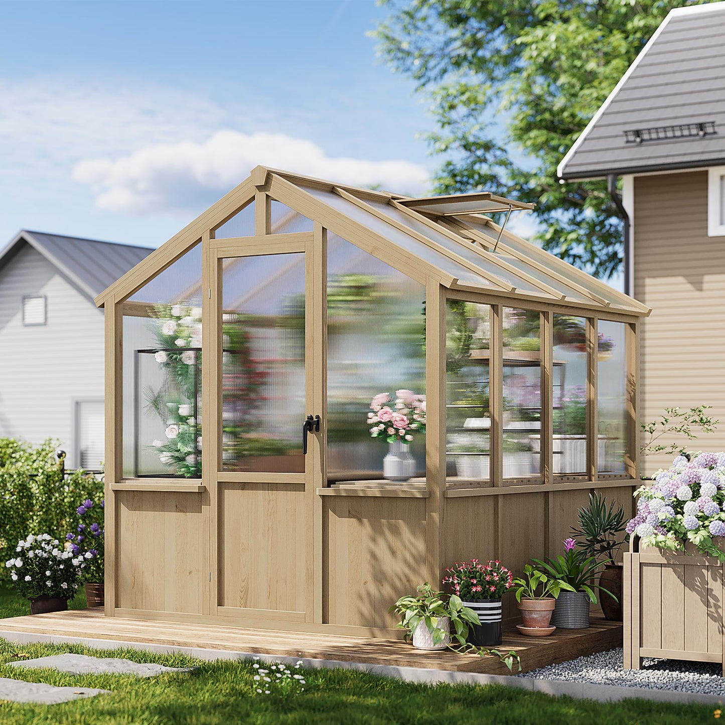 Garvee 6x8 FT Wooden Greenhouse - Walk-in Greenhouses for Outdoors, Large Spruce Frame Green House with PC Panels, Adjustable Roof Vents & Lockable Door, Green Houses for Garden,Backyard,Patio,Lawn