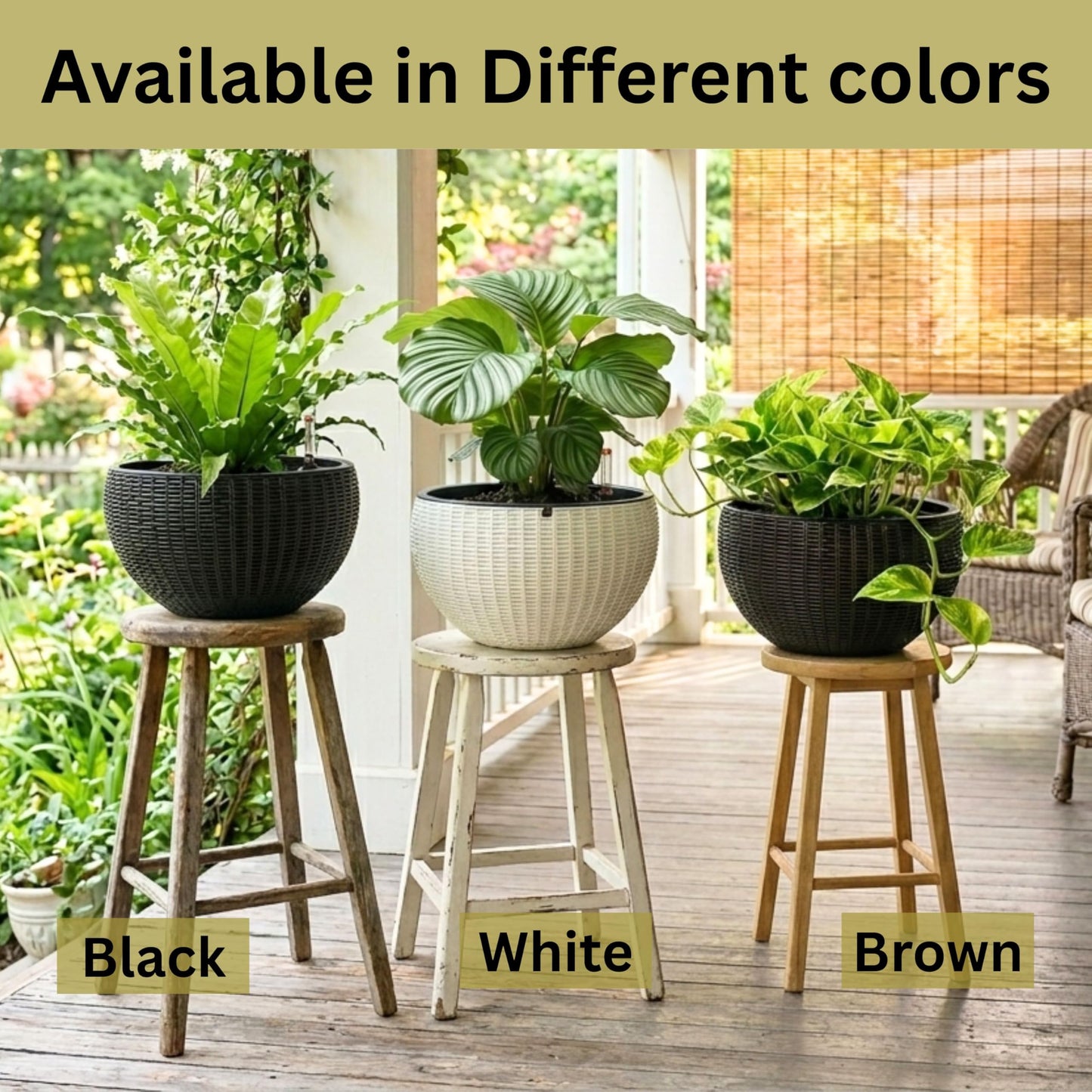 LaLaGreen Hanging Planters for Indoor Plants (11 Inch, 4 Pack) Self-Watering Round Rattan Style Flower Pots with Water Level Indicator, Black Metal Chain Hanging Baskets for Porch Garden Balcony Decor