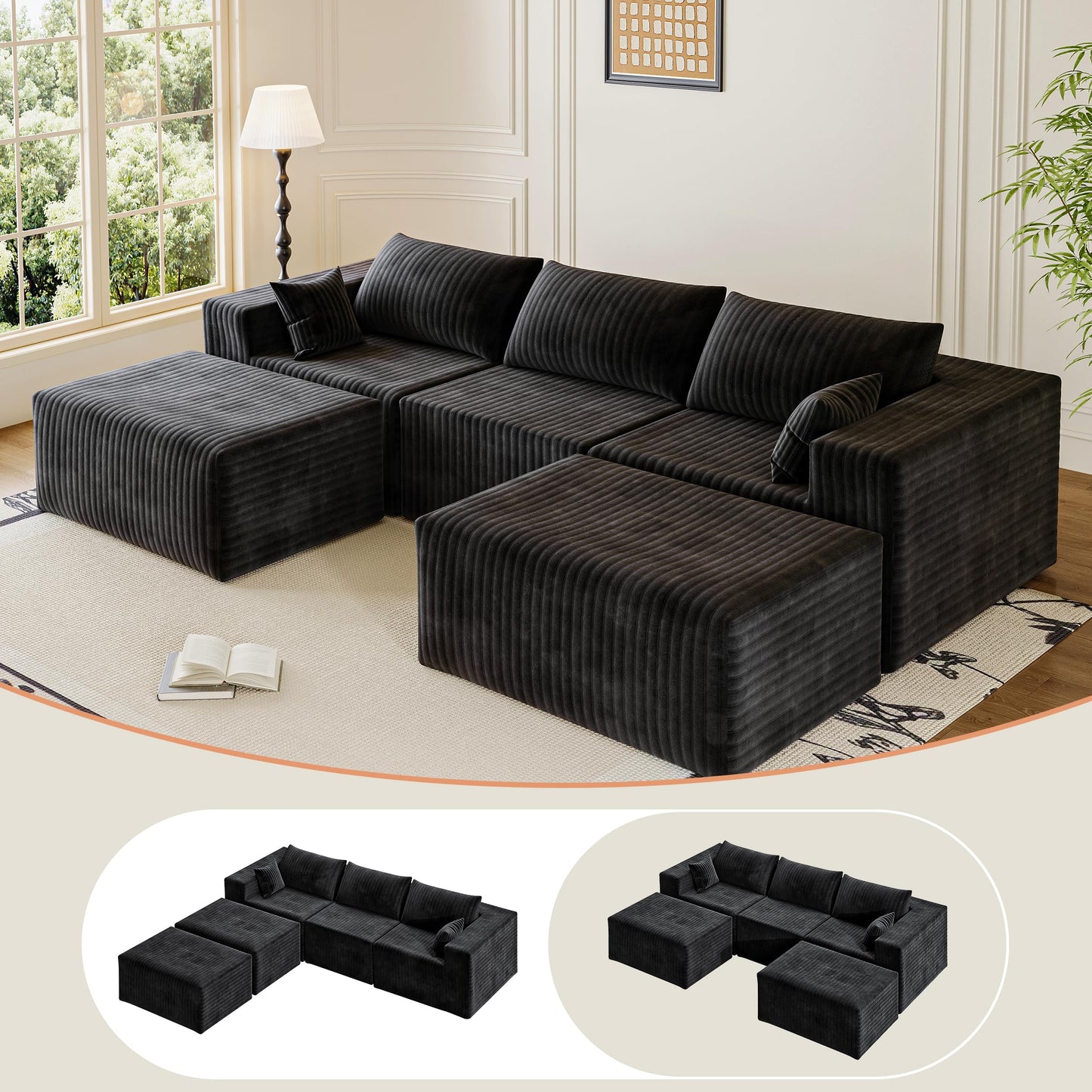CABZOON 110" Boneless Couches for Living Room Cloud Couch Modular Sectional Sofa with Deep Seat Plush Large Foam SofaU-Shape Sofa Couch,No Assembly Required, Black (Plush Corduroy Fabric)