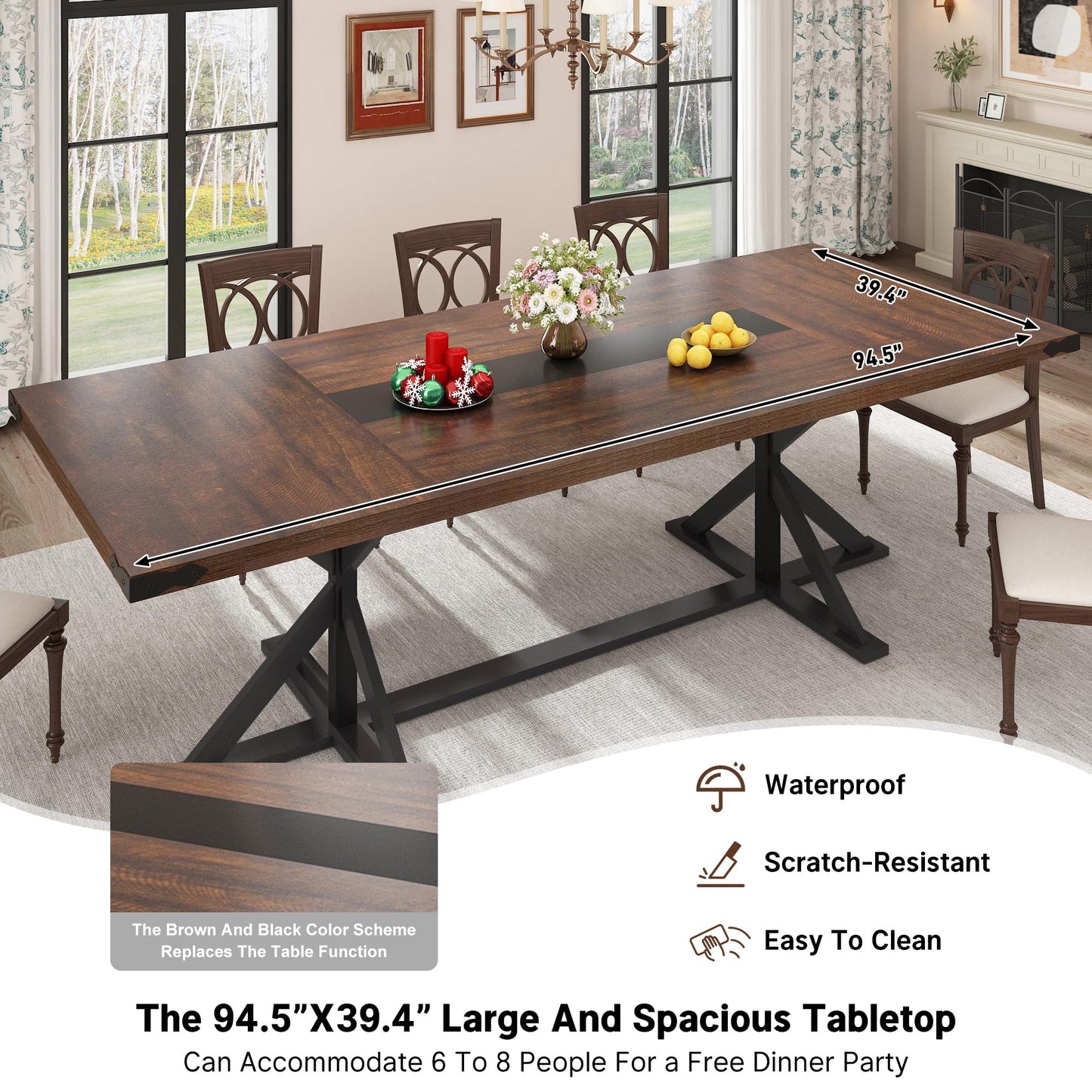 Hlivelood Dining Table for 8 10 People,Rectangular Kitchen Farmhouse Table W/Waterproof Wood Tabletop,Long Dining Room Tables W/Wood Strip Base for Kitchen Living Room(94IN BR&BK)